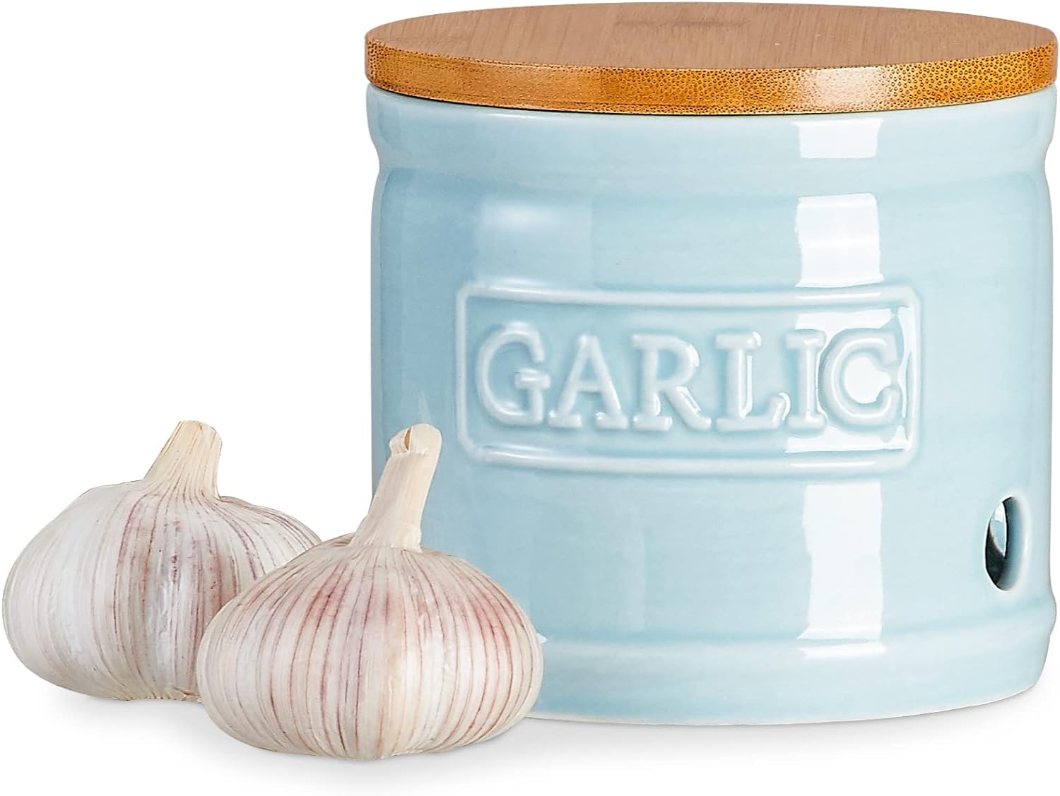 ONEMORE Garlic Keeper with Lid, Ceramic Garlic Saver 4 inch, Light Blue