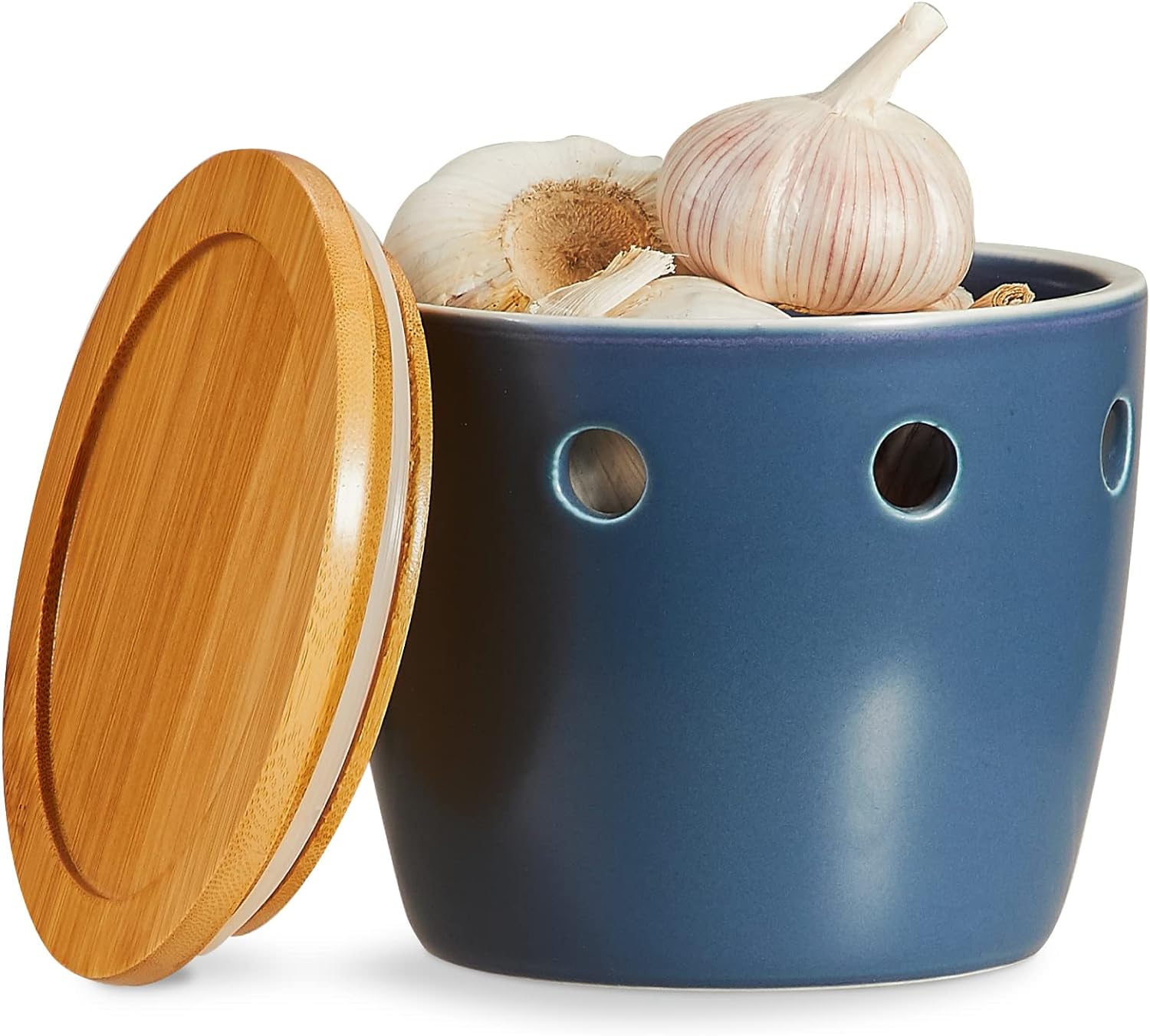 ONEMORE Large Garlic Keeper with Lid, Ceramic Garlic Saver 5 inch, Garlic Keeper for Counter, Blue