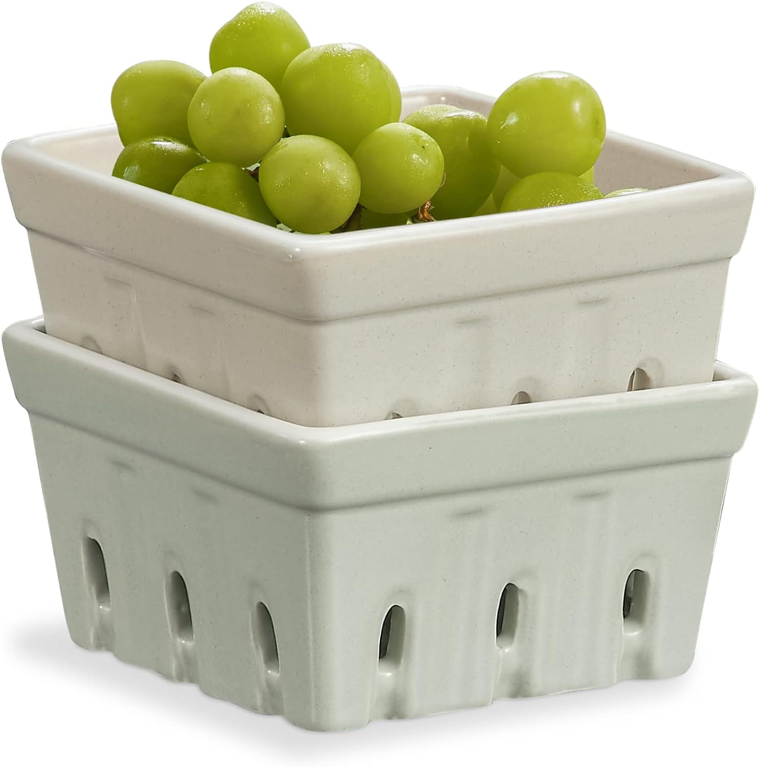 ONEMORE Ceramic Berry Basket, Square Fruit Bowls, Rustic Stoneware Berry Colander Set of 2, 5.7 inch, Gray & Light Green