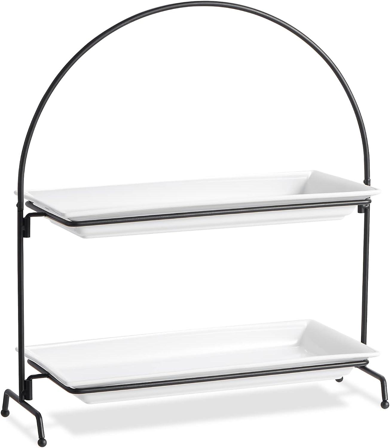 ONEMORE 2-Tier Large Serving Tray, Collapsible Arch Food Display Two Tiered Tray Stand with Rectangular Ceramic Platters Perfect for Parties and Entertaining - Bright White