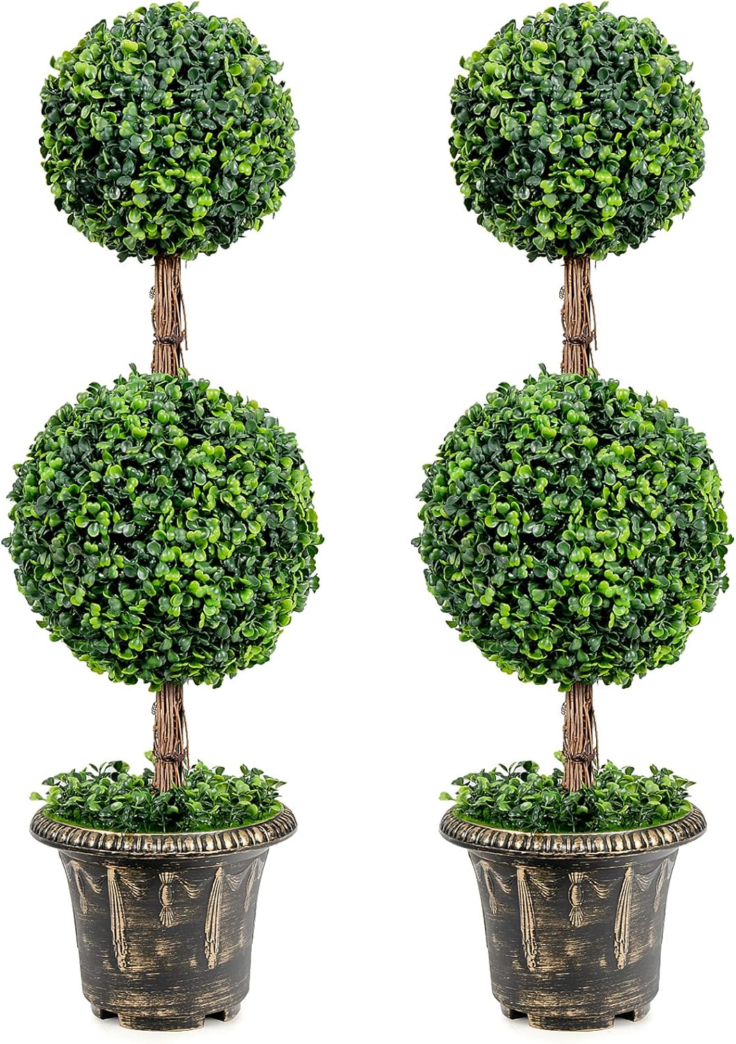 Goplus 3 Ft 2 Pack Artificial Boxwood Topiary Tree, Fake Greenery Plants Ball Tree, Leaves & Cement-Filled Plastic Flower Pot Decorative Trees for Home Office Indoor Outdoor