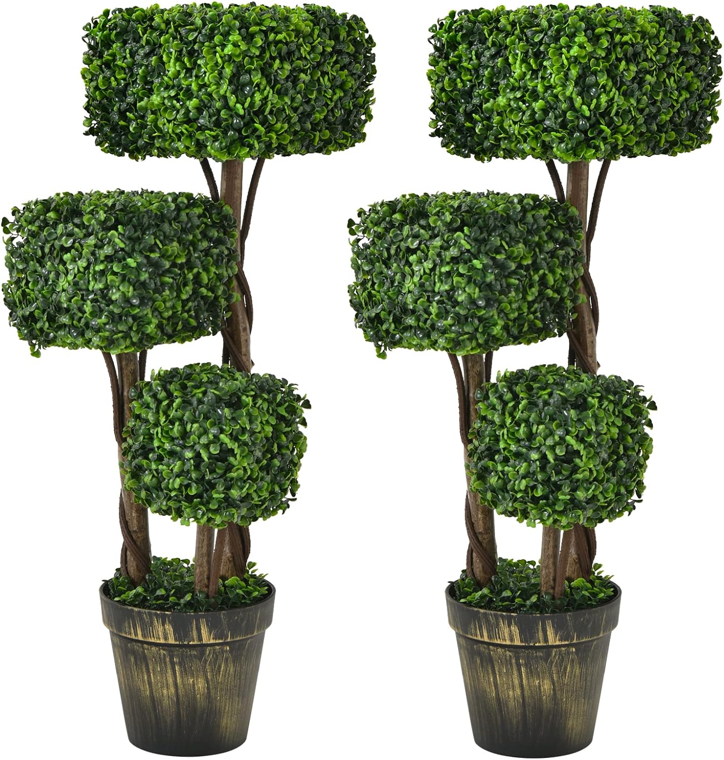 Goplus 36 2 Pack Artificial Triple Square Shaped Boxwood Topiary Tree W/Cement-Filled Plastic Pot, Fake Plant Faux Greenery Plant Indoor & Outdoor Decoration for Home Office Garden Patio Entrance