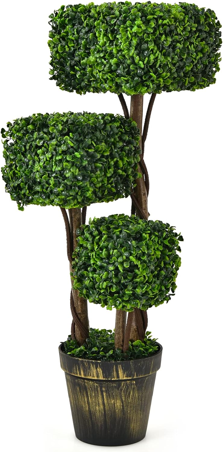 Goplus 36 Artificial Triple Square Shaped Boxwood Topiary Tree W/Cement-Filled Plastic Pot, Fake Plant Faux Greenery Plant Indoor & Outdoor Decoration for Home, Office, Garden, Patio, Entrance