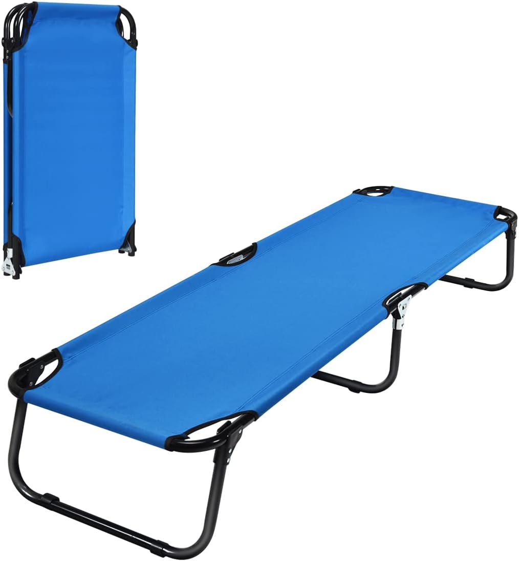 Goplus Folding Camping Cot, Heavy Duty Collapsible Foldable Camping Bed for Adults Kids with Non-Slip Foot Pad, Indoor Outdoor Portable Sleeping Cot for Hiking, Camping, Fishing (Blue)