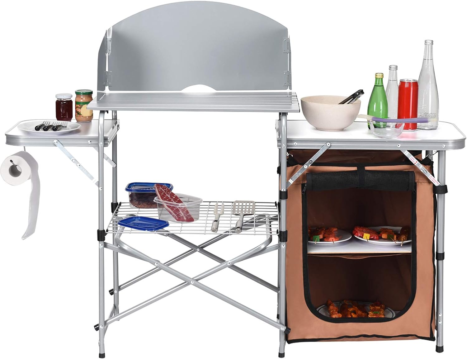 Goplus Camping Kitchen Table, Portable Outdoor Cooking Table with Storage, 26'' Tabletop, Detachable Windscreen, Camp Cook Station, Folding Grill Table for Tailgating BBQ Picnic Backyard Beach RV