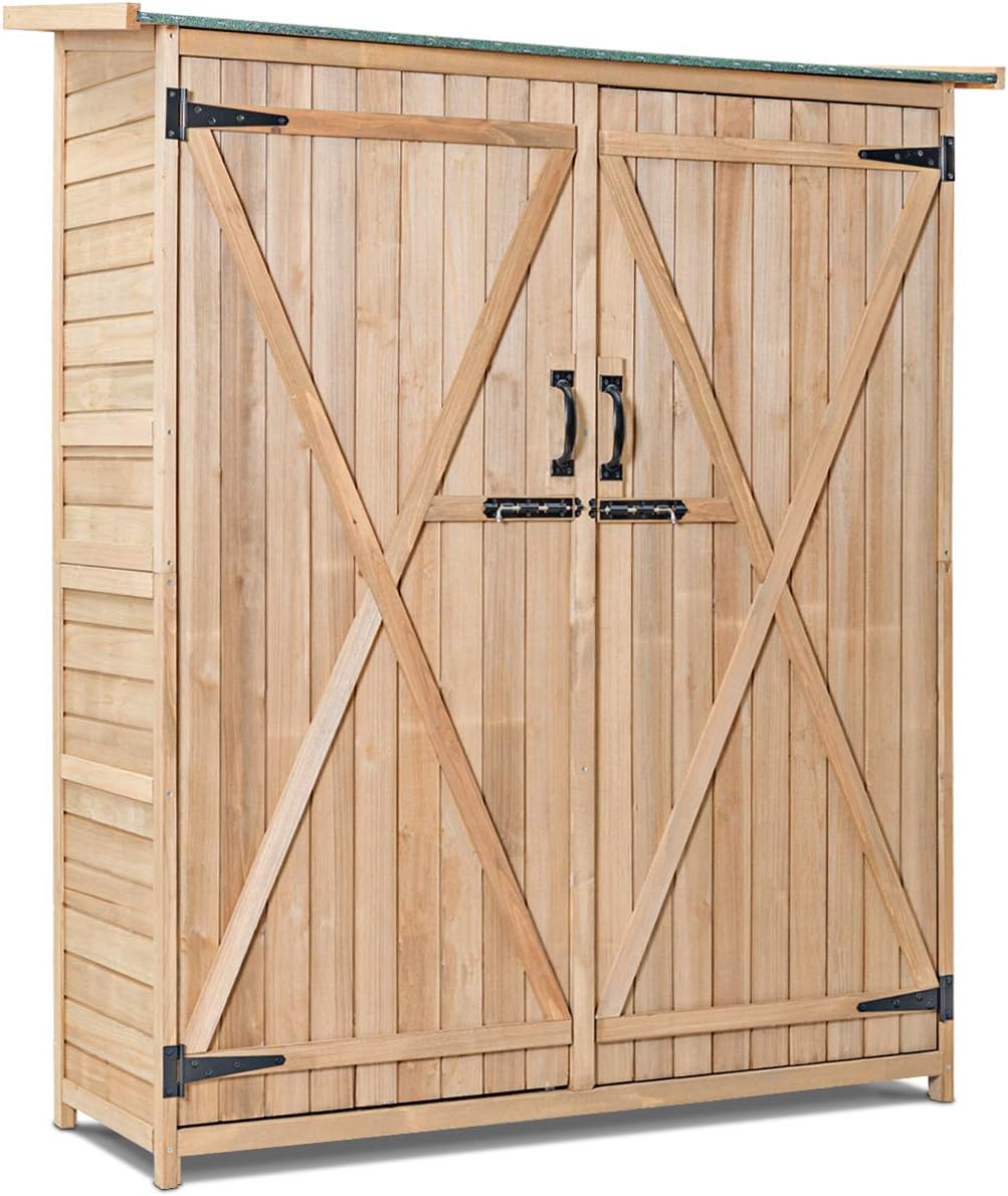 Goplus Outdoor Storage Cabinet, Wooden Garden Shed with Double Lockable Doors & Lean-to Roof, Vertical Tool Organizer for Backyard Patio Deck Natural