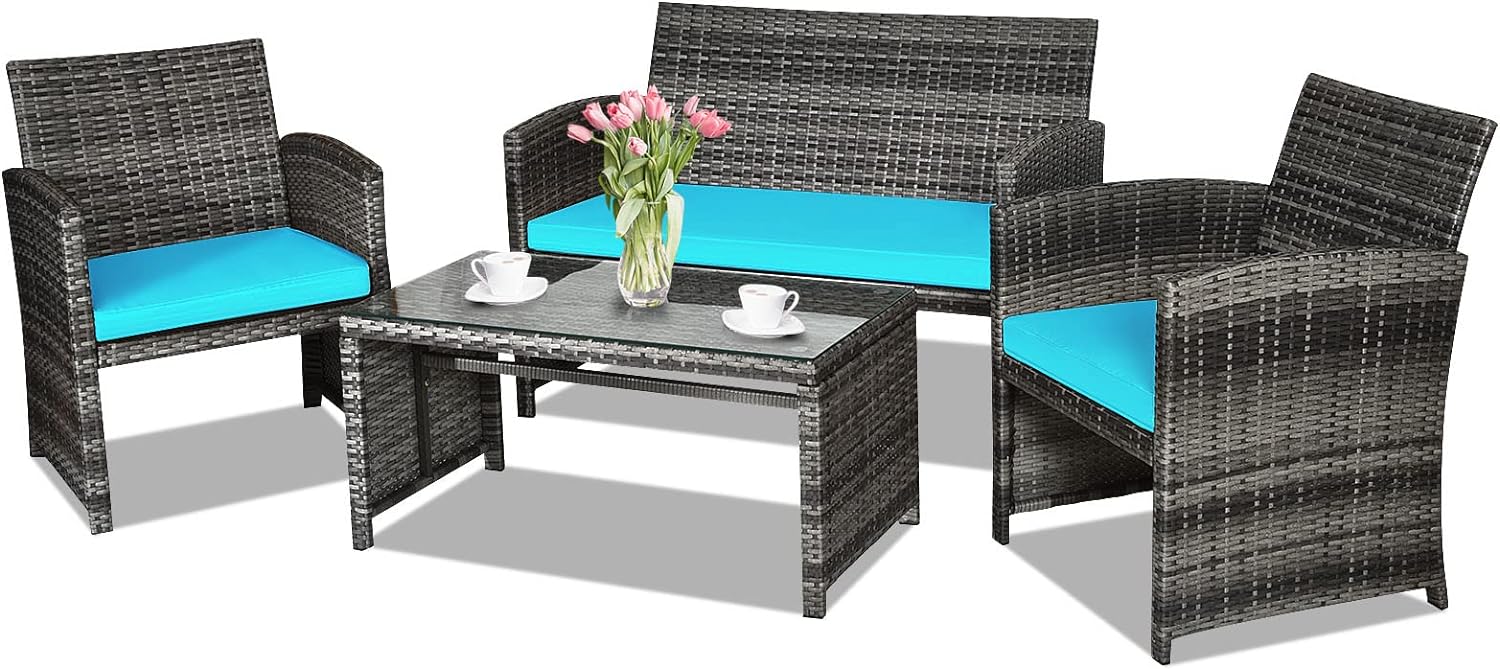 Goplus 4-Piece Rattan Patio Furniture Set, Outdoor Wicker Conversation Sofa with Weather Resistant Cushions and Tempered Glass Tabletop for Lawn Backyard Pool Garden (Turquoise)