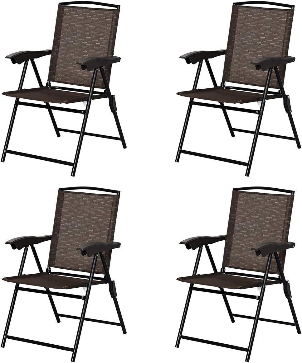 Goplus Folding Sling Chairs Sets of 4, Portable Chairs for Patio Garden Pool Outdoor & Indoor w/Armrests and Adjustable Back