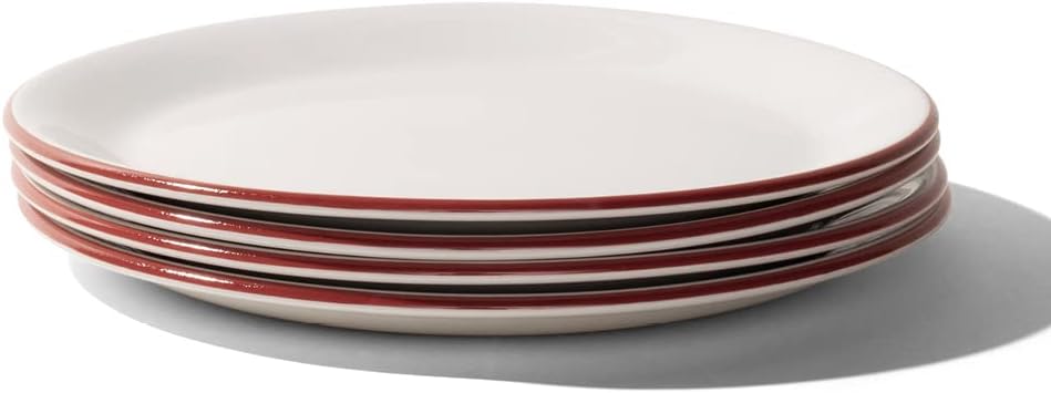 Made In Cookware - 10 Dinner Plates - Set of 4 - White With Red Rim - Porcelain England