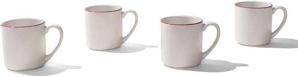 Made In Cookware - Set of 4 - Coffee Mug Set - 12 oz - White With Red Rim - Porcelain England - Dishwasher and Microwave Safe