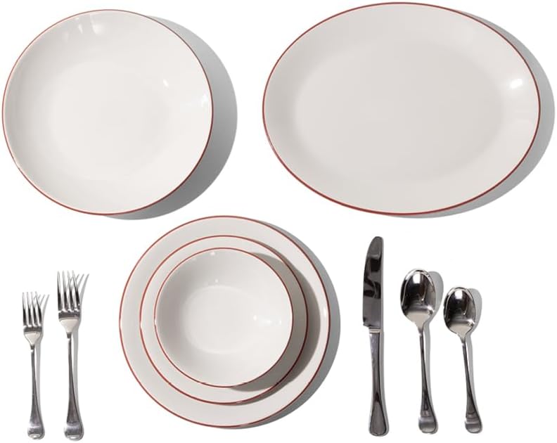 Made In Cookware - 37 Piece Plateware and Flatware Set - Includes Flatwares, Dinner, Appetizer, Entree and Side Bowls, Serving Platter - Red Rim