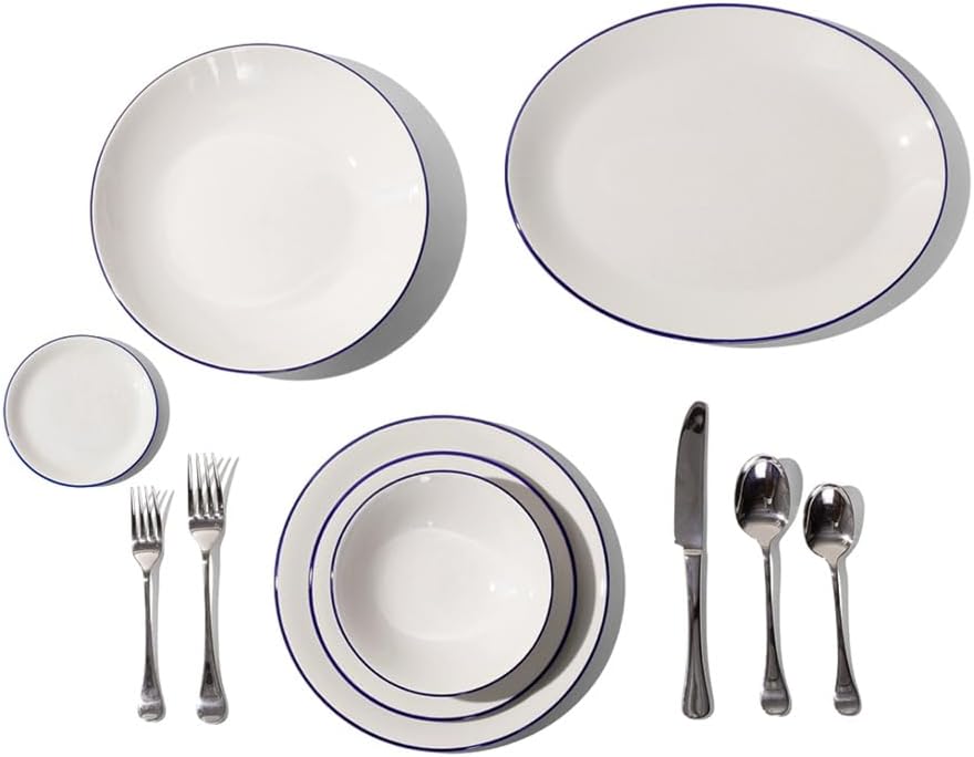 Made In Cookware - 37 Piece Plateware and Flatware Set - Includes Flatwares, Dinner, Appetizer, Entree and Side Bowls, Serving Platter - Blue Rim