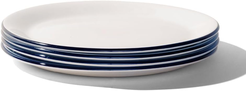 Made In Cookware - 10 Dinner Plates - Set of 4 - White With Navy Rim - Porcelain England