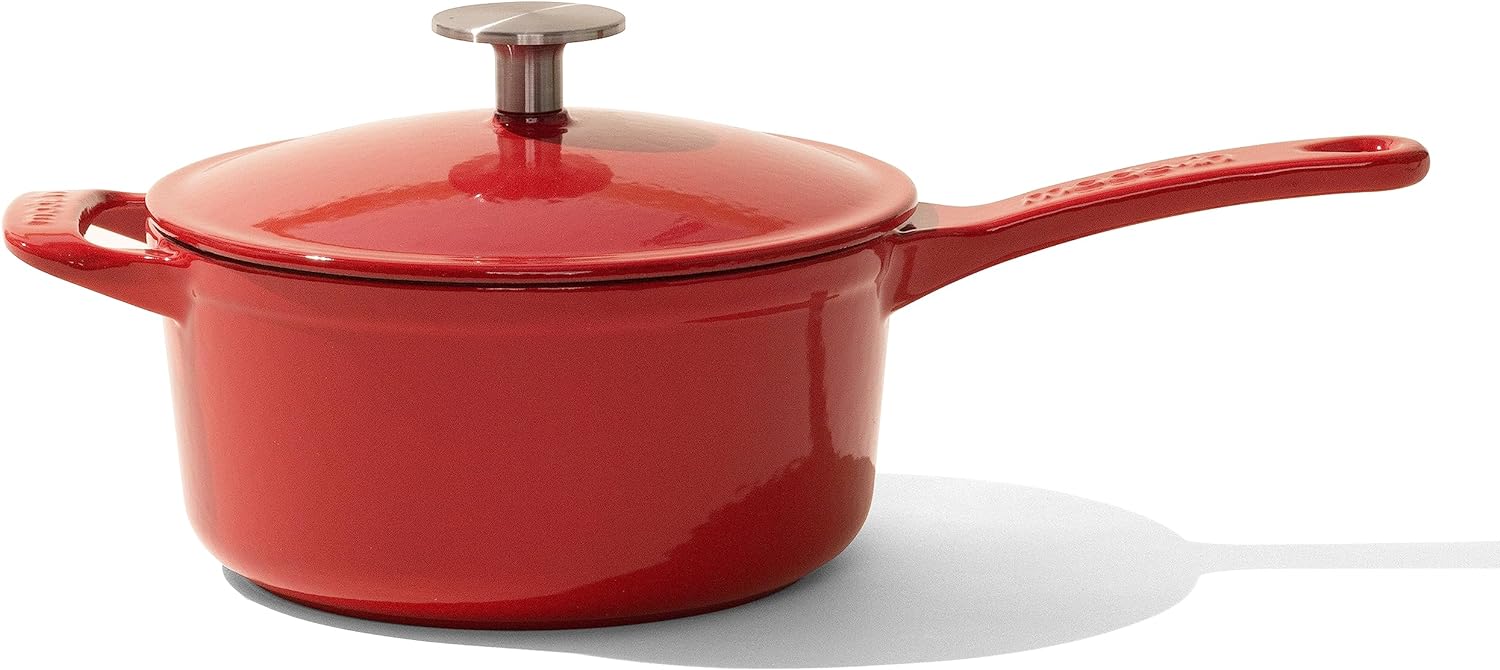 Made In Cookware - 2 Quart Enameled Cast Iron Saucepan with Lid - Red - Hand-Enameled Cast Iron - Professional Cookware - Made in France - Induction Compatible