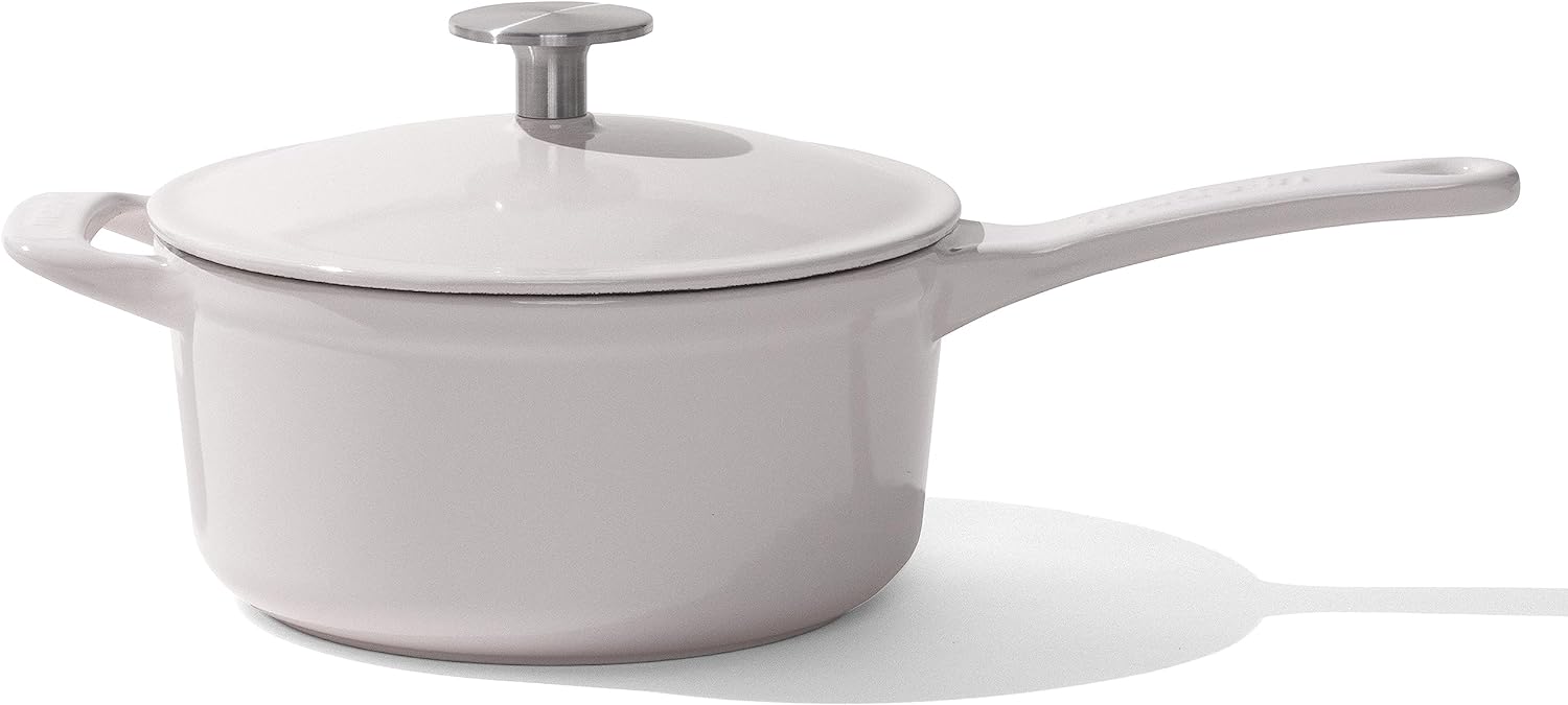 Made In Cookware - 2 Quart Enameled Cast Iron Saucepan with Lid - Antique White - Hand-Enameled Cast Iron - Professional Cookware - Made in France - Induction Compatible