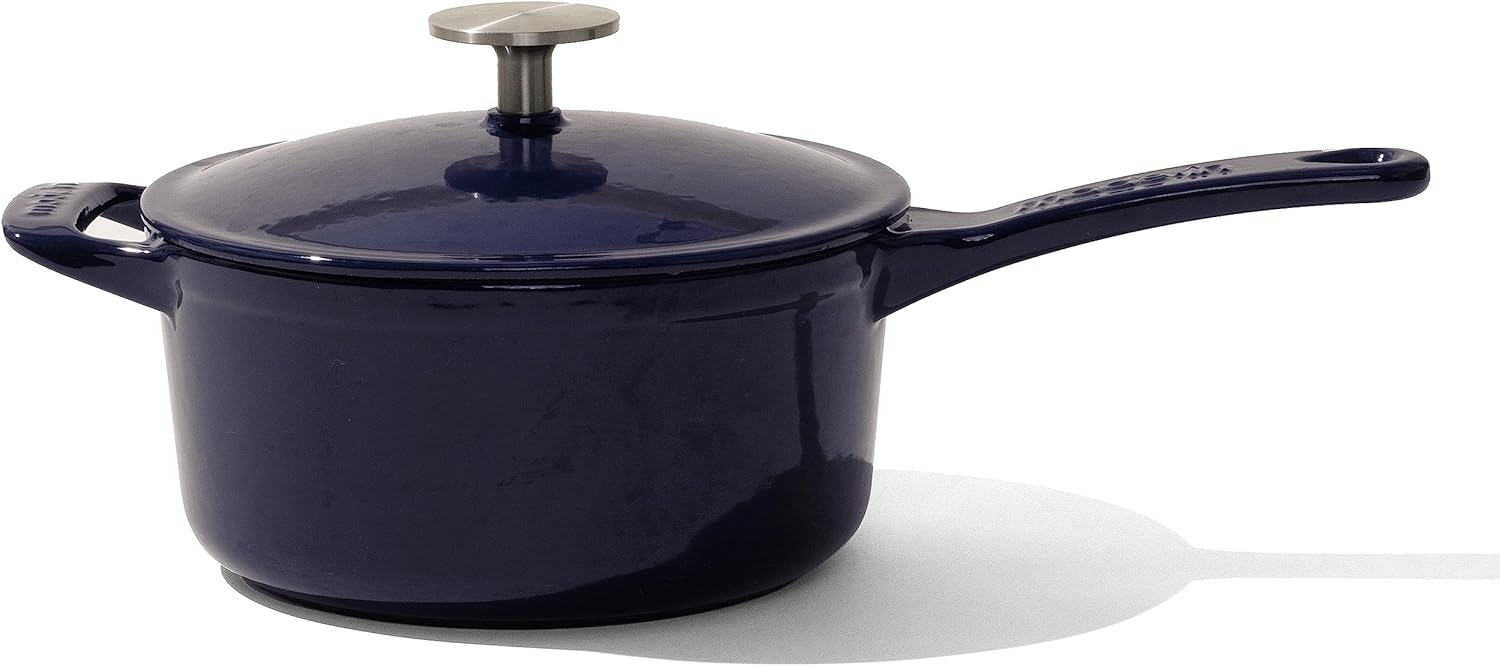 Made In Cookware - 2 Quart Enameled Cast Iron Saucepan with Lid - Harbour Blue - Hand-Enameled Cast Iron - Professional Cookware - Made in France - Induction Compatible