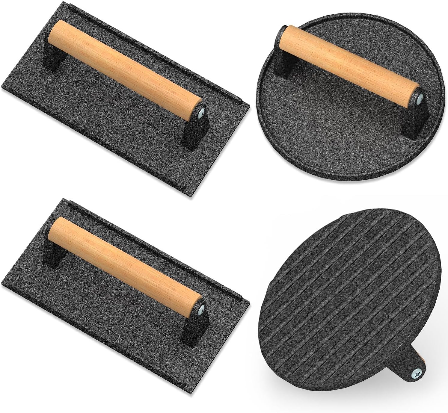 Wildone Smash Burger Press, Round Cast Iron Grill Press Burger Smasher for Griddle, Rectangular Bacon Press Meat Steak Press Sandwich Press with Wood Handle - 4Pcs