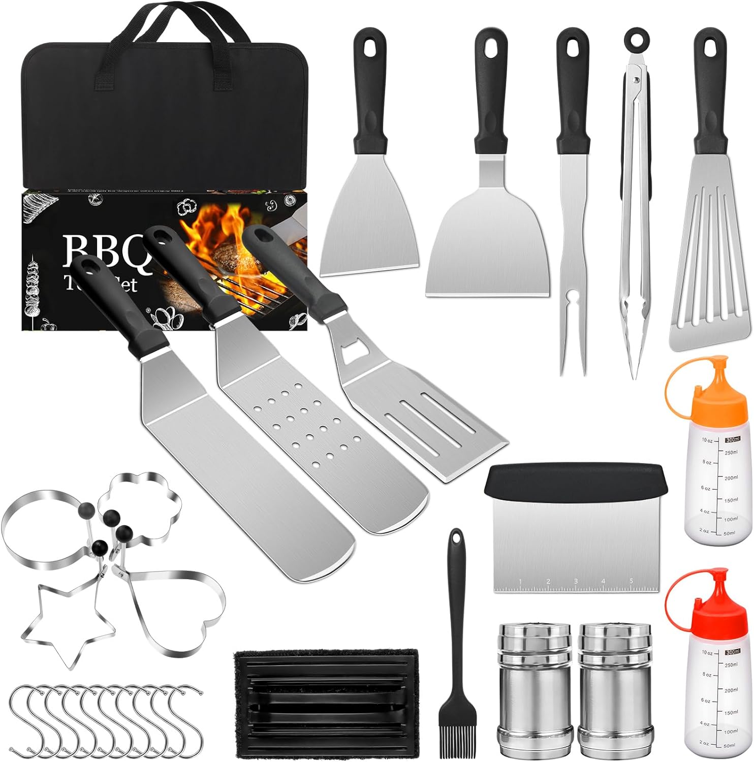 Griddle Accessories Kit, 30PCS Flat Top Grill Accessories Kit for Blackstone and Camp Chef, Stainless Steel Griddle Grill Tools with Enlarged Spatulas, Scraper, Tongs, Carrying Bag for Outdoor BBQ