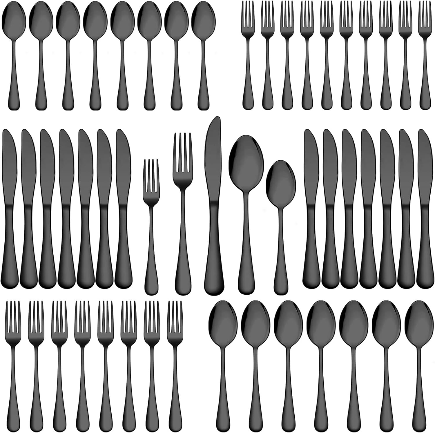 Wildone 60-Piece Black Silverware Set, Stainless Steel Flatware Cutlery Set Service for 12, Tableware Eating Utensils Include Knives/Forks/Spoons, Mirror Polished, Dishwasher Safe