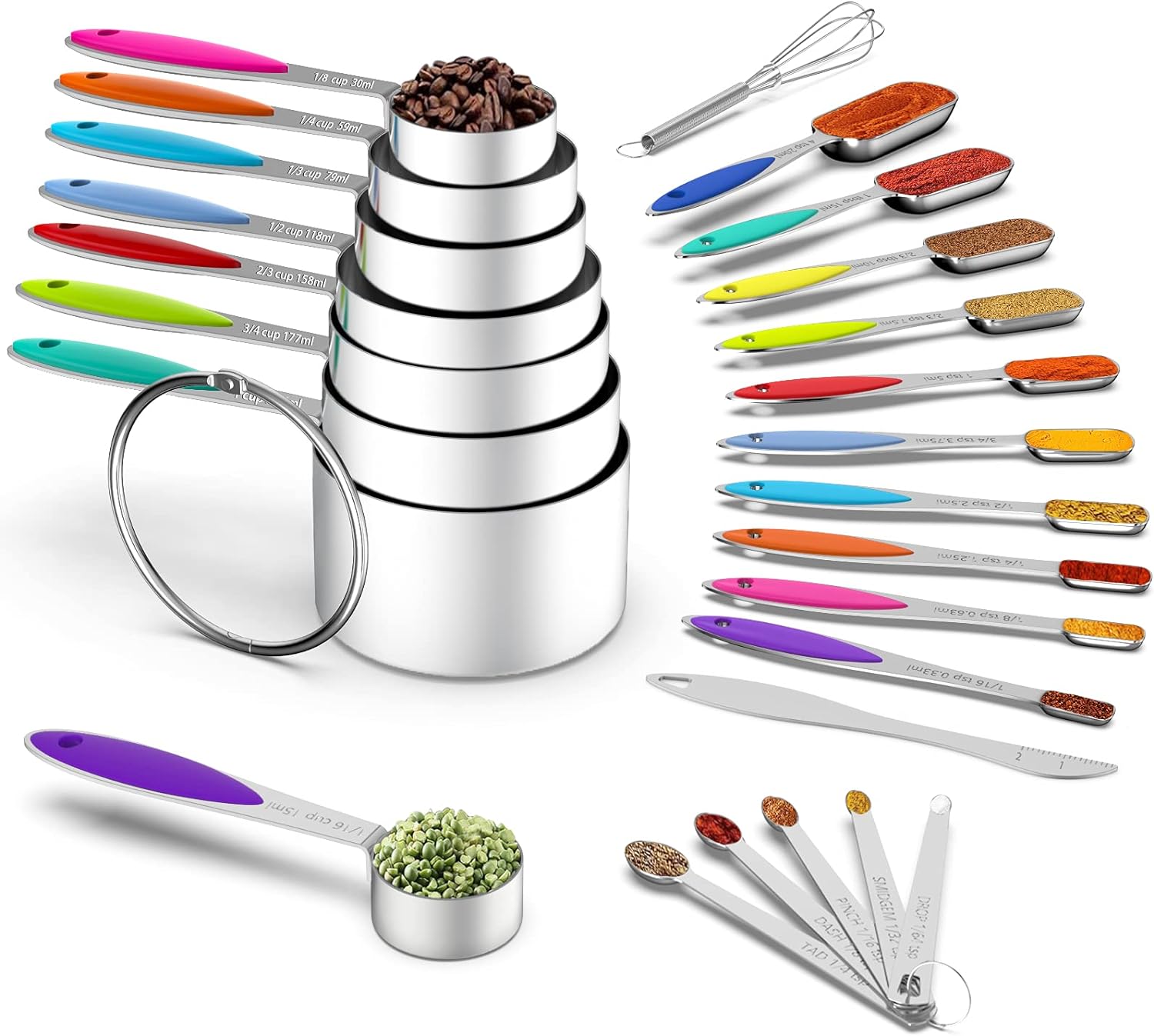 Measuring Cups and Measuring Spoons Set, Wildone Stainless Steel 8 Measuring Cups, 10 Measuring Spoons, 1 Leveler 1 Whisk & 5 Mini Spoons, for Dry and Liquid Ingredient - 25 Piece Multicolor