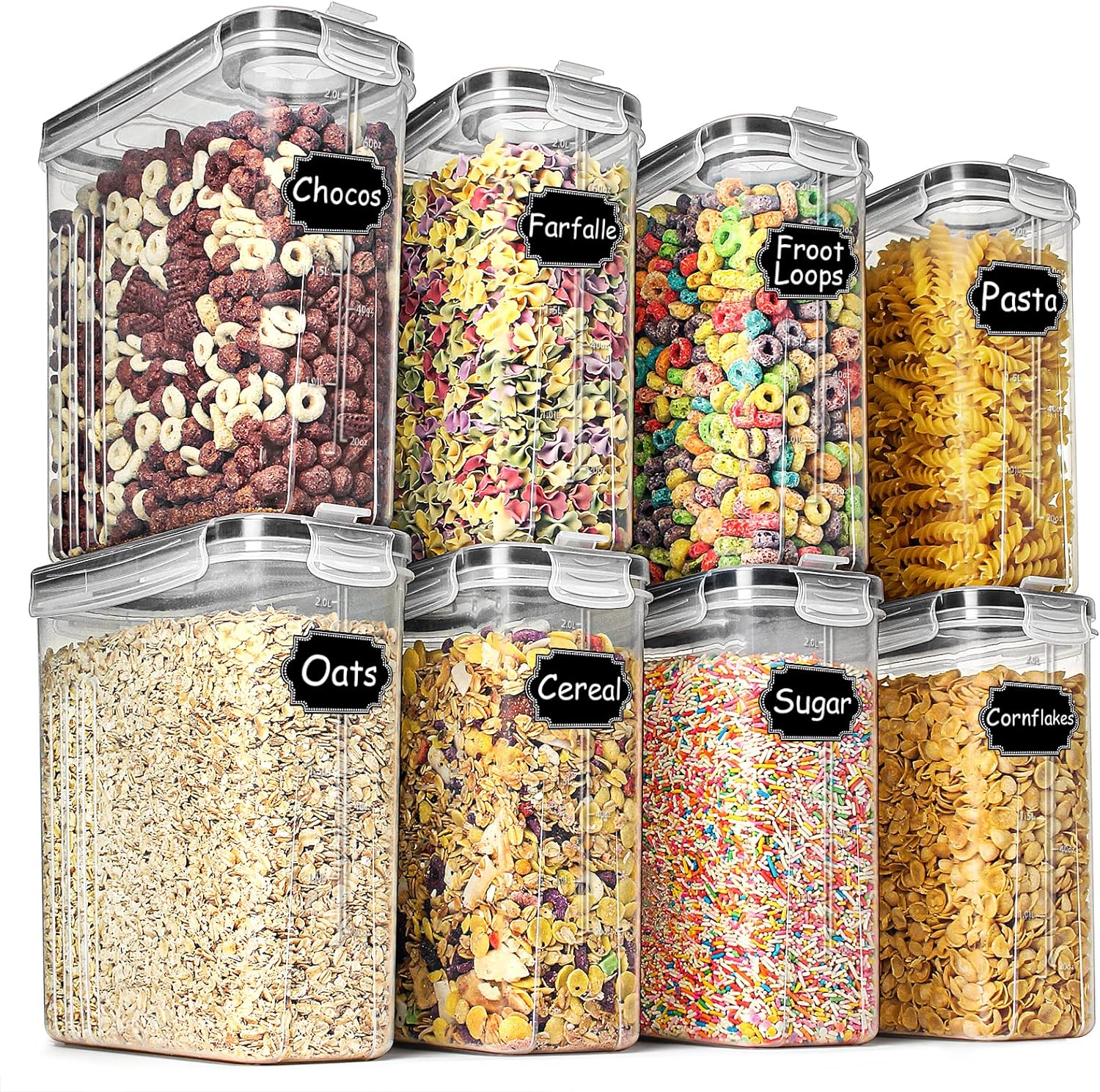 Wildone Cereal & Dry Food Storage Containers, Airtight Cereal Storage Containers Set of 8 [2.5L / 85.4oz] for Sugar, Flour, Snack, Baking Supplies, Leak-proof with Black Locking Lids