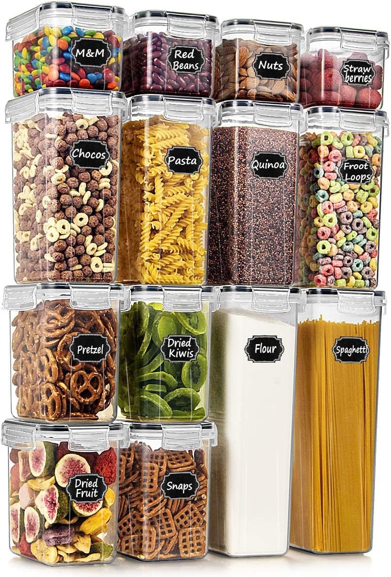 Wildone Airtight Food Storage Containers with Lids, 14PC Plastic Kitchen Storage Containers for Pantry Organization and Storage, Cereal, Flour and Sugar Containers, Include 20 Labels & Pen