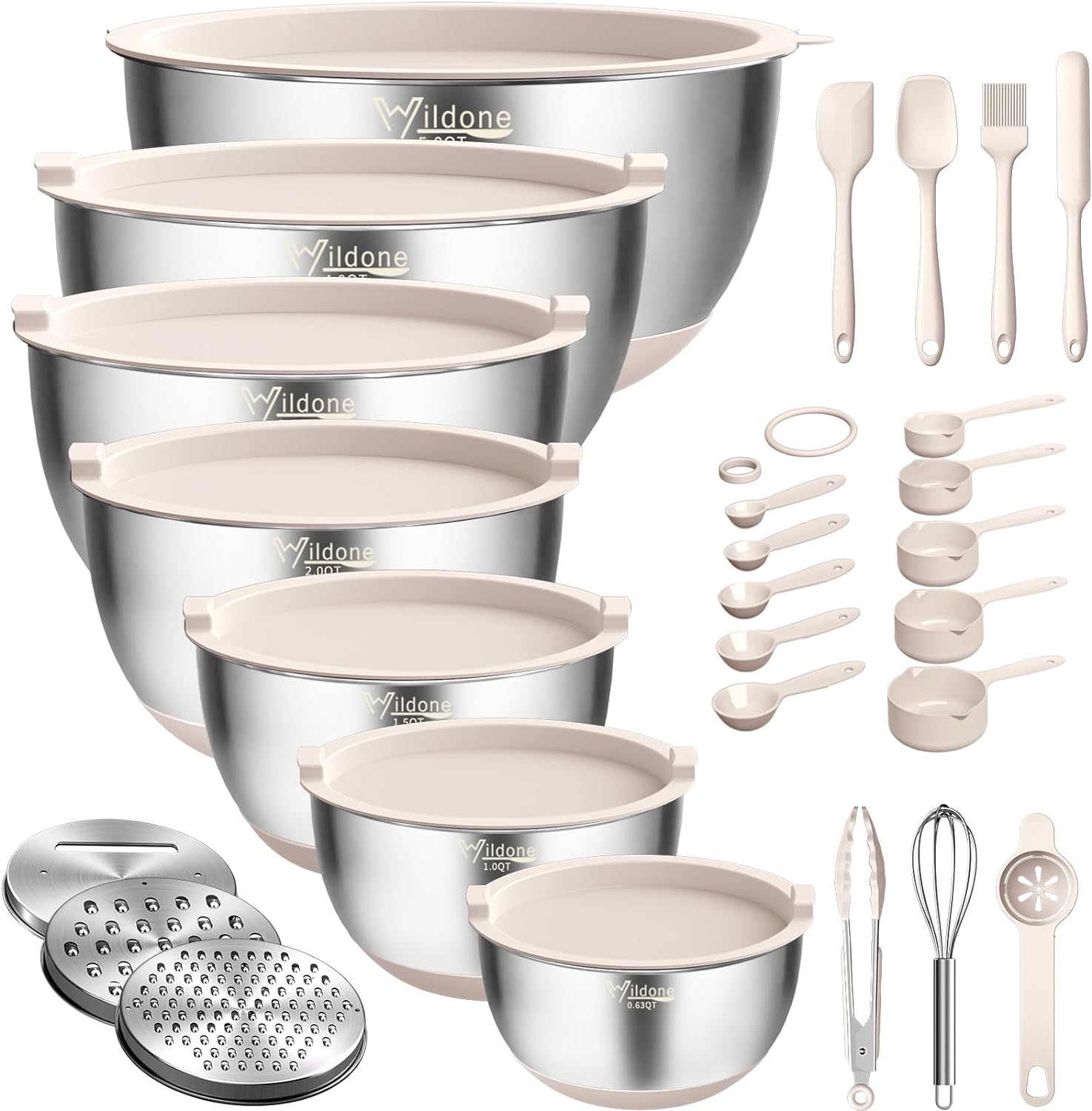 Mixing Bowls with Airtight Lids, 27 PCS Stainless Steel Nesting Bowls Set, with 3 Grater Attachments, Measurement Marks & Non-Slip Bottom, Size 5, 4, 3, 2, 1.5, 1, 0.63QT, Ideal for Mixing & Prepping