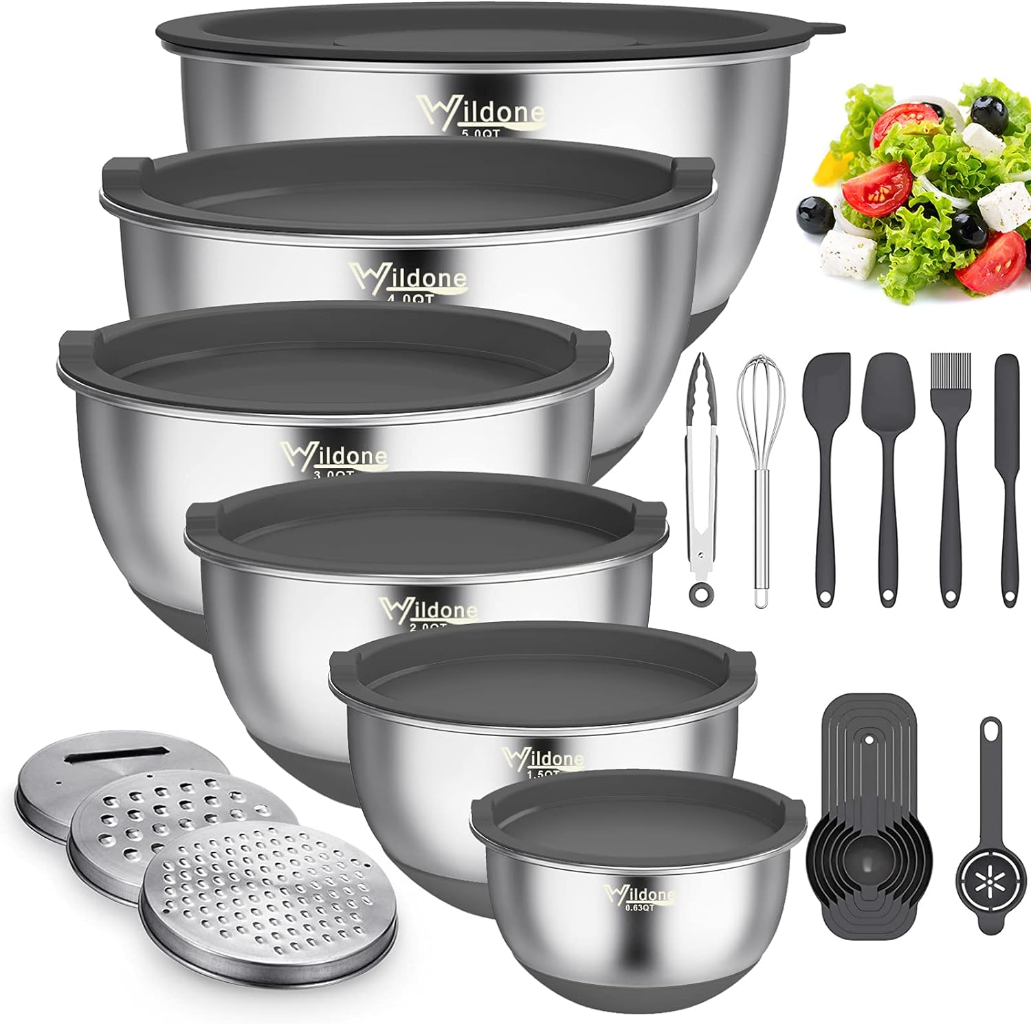 Wildone Mixing Bowls with Airtight Lids, 22 PCS Stainless Steel Mixing Bowls Set, 3 Grater Attachments, Measurement Marks & Non-Slip Bottom, Size 5, 4, 3, 2,1.5, 0.63QT, Ideal for Mixing & Prepping