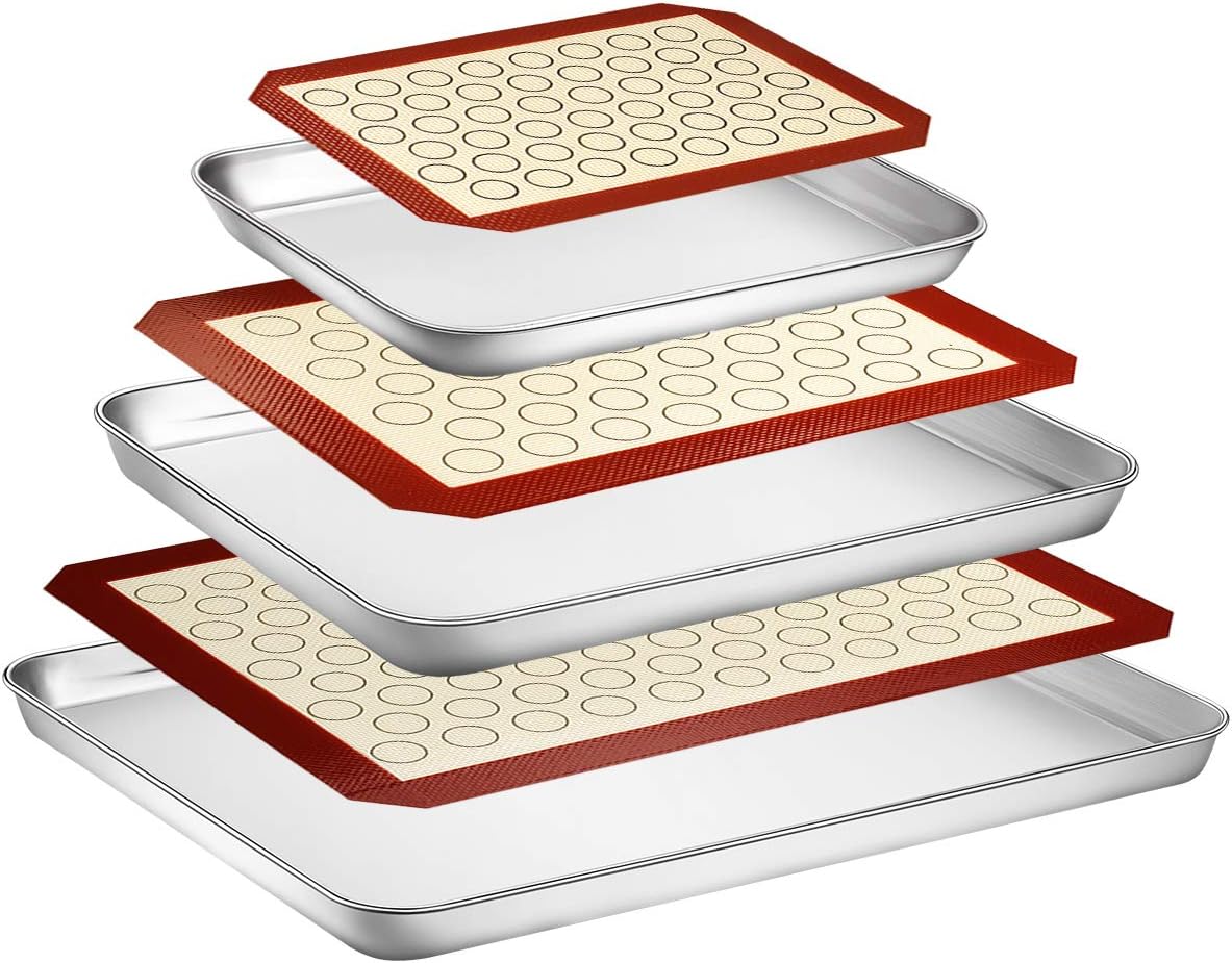 Wildone Baking Sheet with Silicone Mat Set, Set of 6 (3 Sheets + 3 Mats), Stainless Steel Cookie Sheet Baking Pan with Silicone Mat, Non Toxic & Heavy Duty & Easy Clean