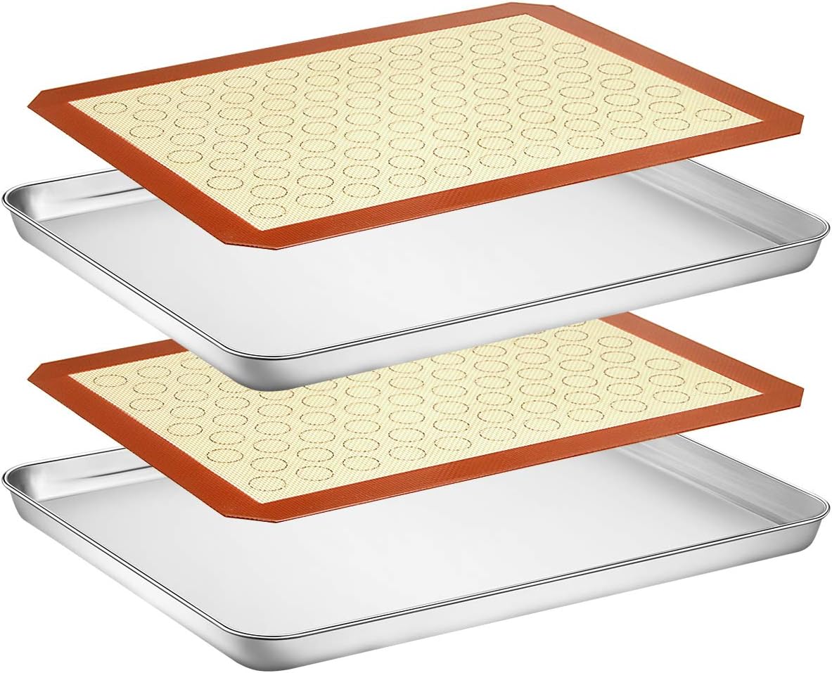 Wildone Baking Sheet with Silicone Mat Set, Stainless Steel Cookie Pan with Baking Mat, Size 16 x 12 x 1 Inch, Set of 4-2 Sheets   2 Mats