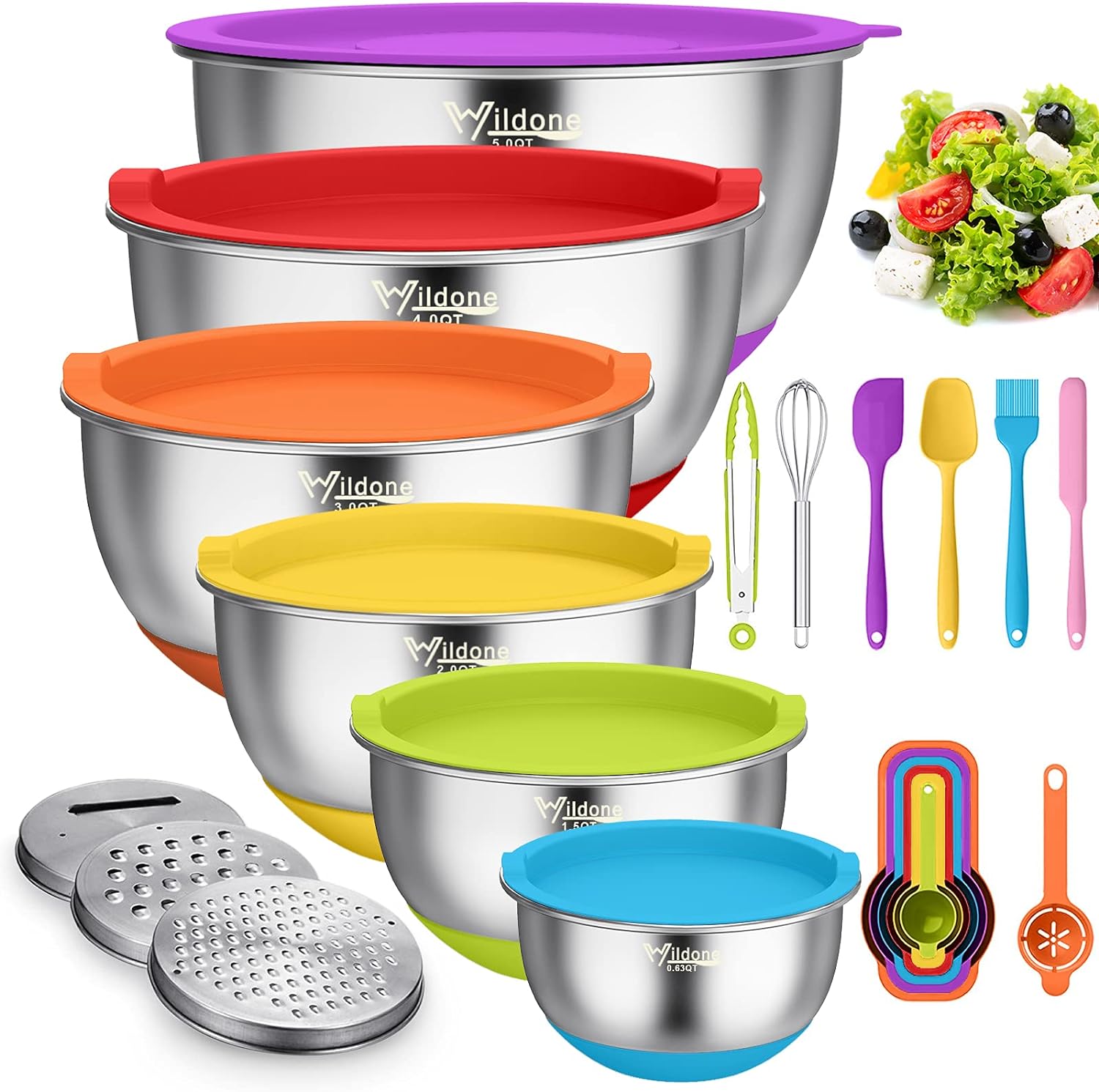 Wildone Mixing Bowls with Airtight Lids, 22 PCS Stainless Steel Mixing Bowls Set, 3 Grater Attachments, Measurement Marks & Non-Slip Bottom, Size 5, 4, 3, 2,1.5, 0.63QT, Ideal for Mixing & Prepping