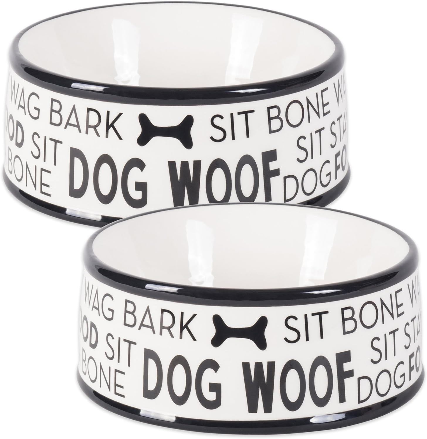 Bone Dry Black & White Dog Bone Ceramic Pet Bowl & Canister, Bowl, 6.25x6.25x2.5, Black, 2 Piece