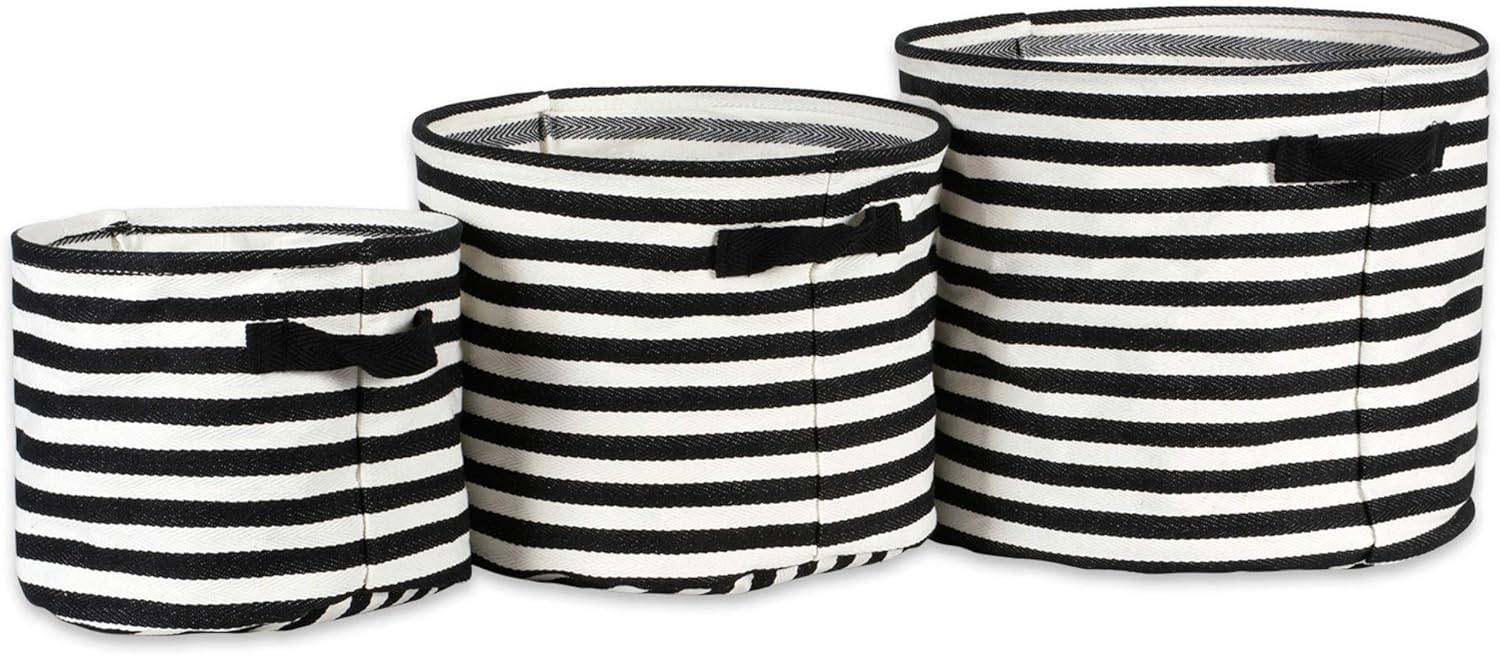 DII Cabana Stripe Laundry Collection, Waterproof Hamper, Assorted Round, Black, 3 Piece