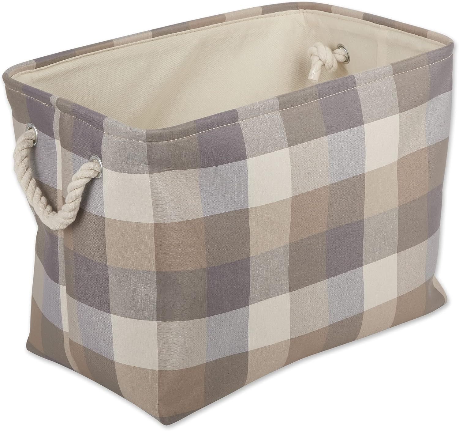 DII Buffalo Check Storage Collection Collapsible Bin with Handles, Large Rectangle, 17.5x12x15, Tri Color Stone