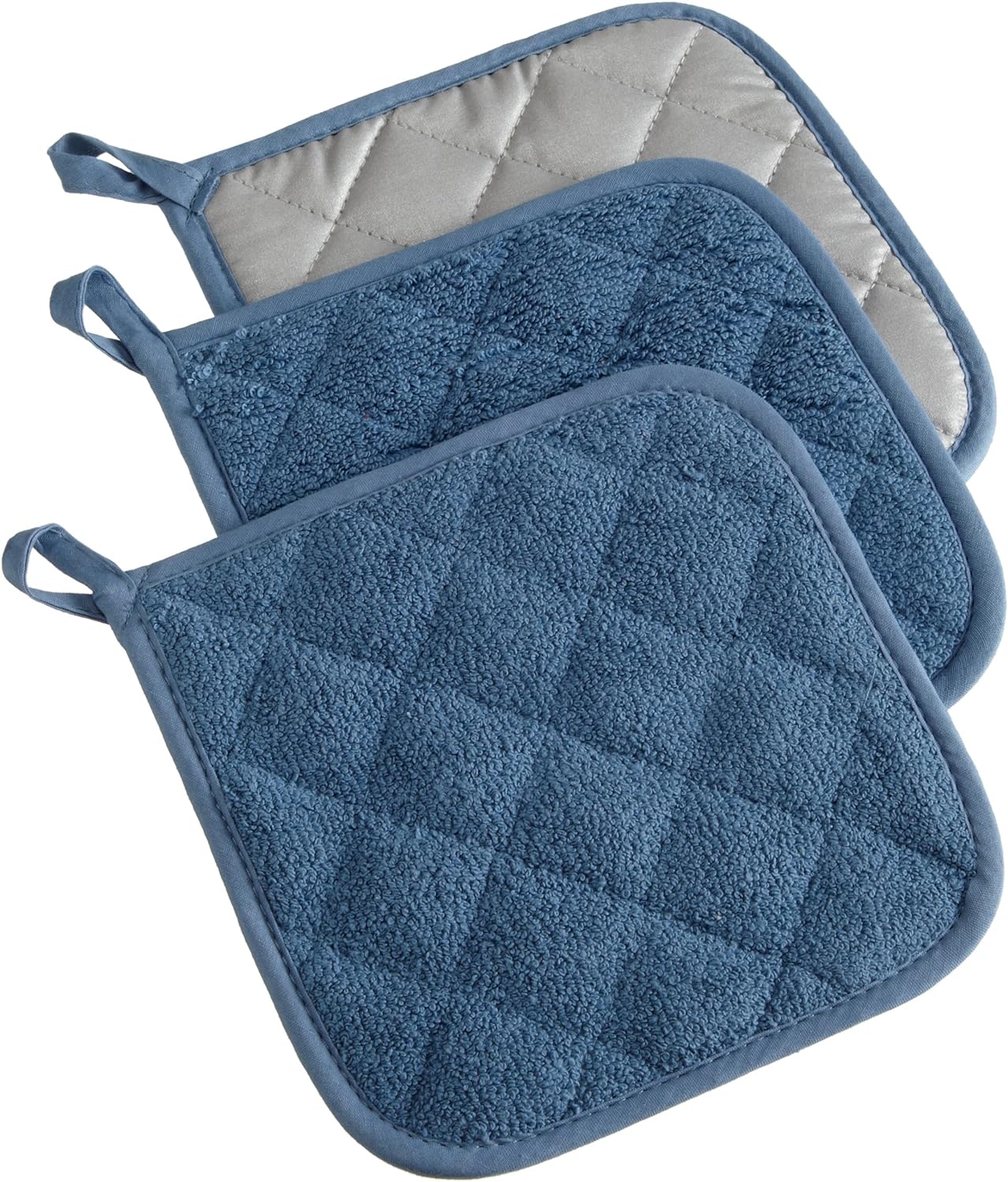 DII Basic Terry Collection Quilted 100% Cotton, Potholder, Blue, 3 Piece