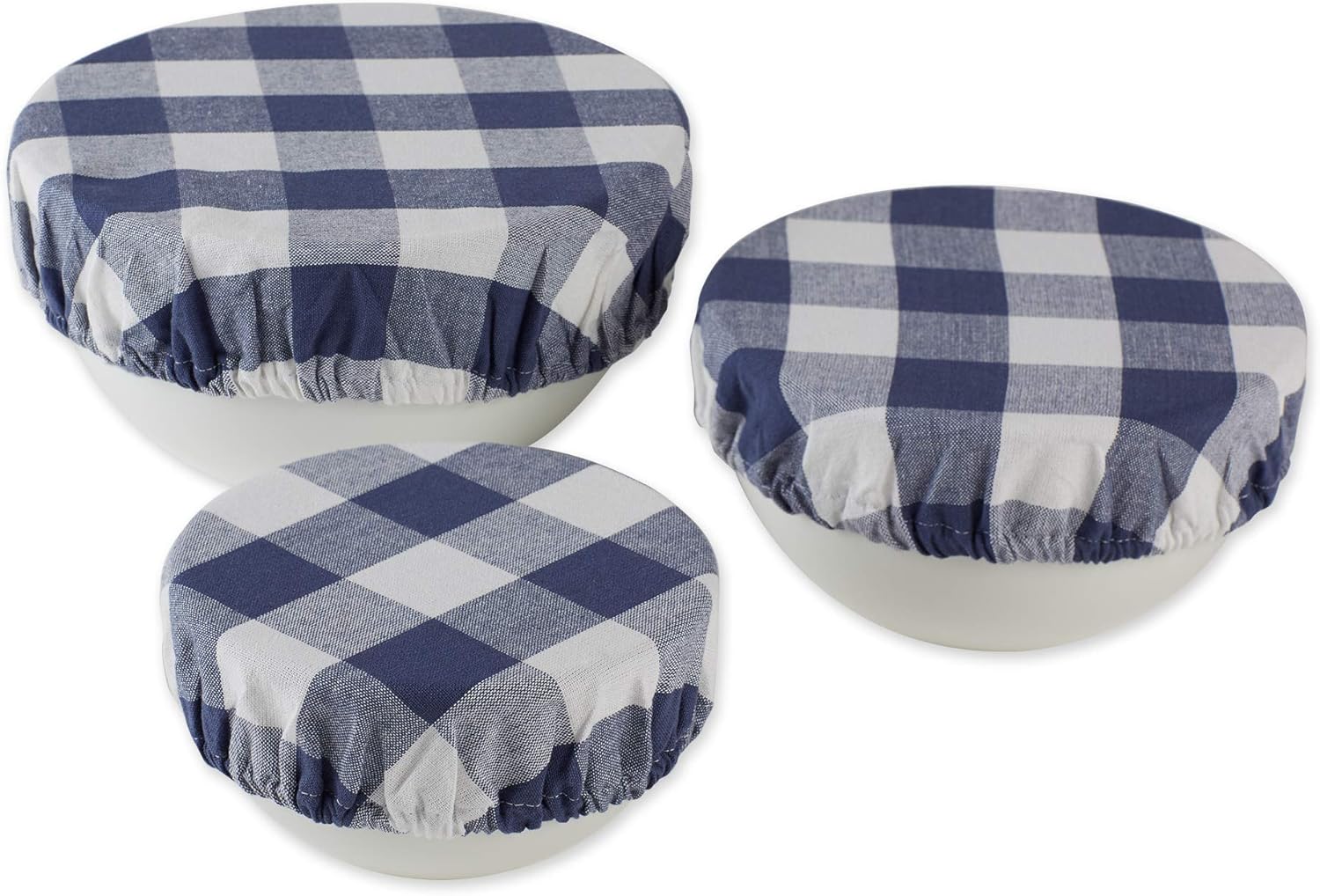 DII Reusable Cloth Bowl Cover Collection Machine Washable, Cotton with Elastic Stretch for Food Storage, 10.25/8.25/7.5 Diameter, Farmhouse Plaid, French Blue, 3 Piece