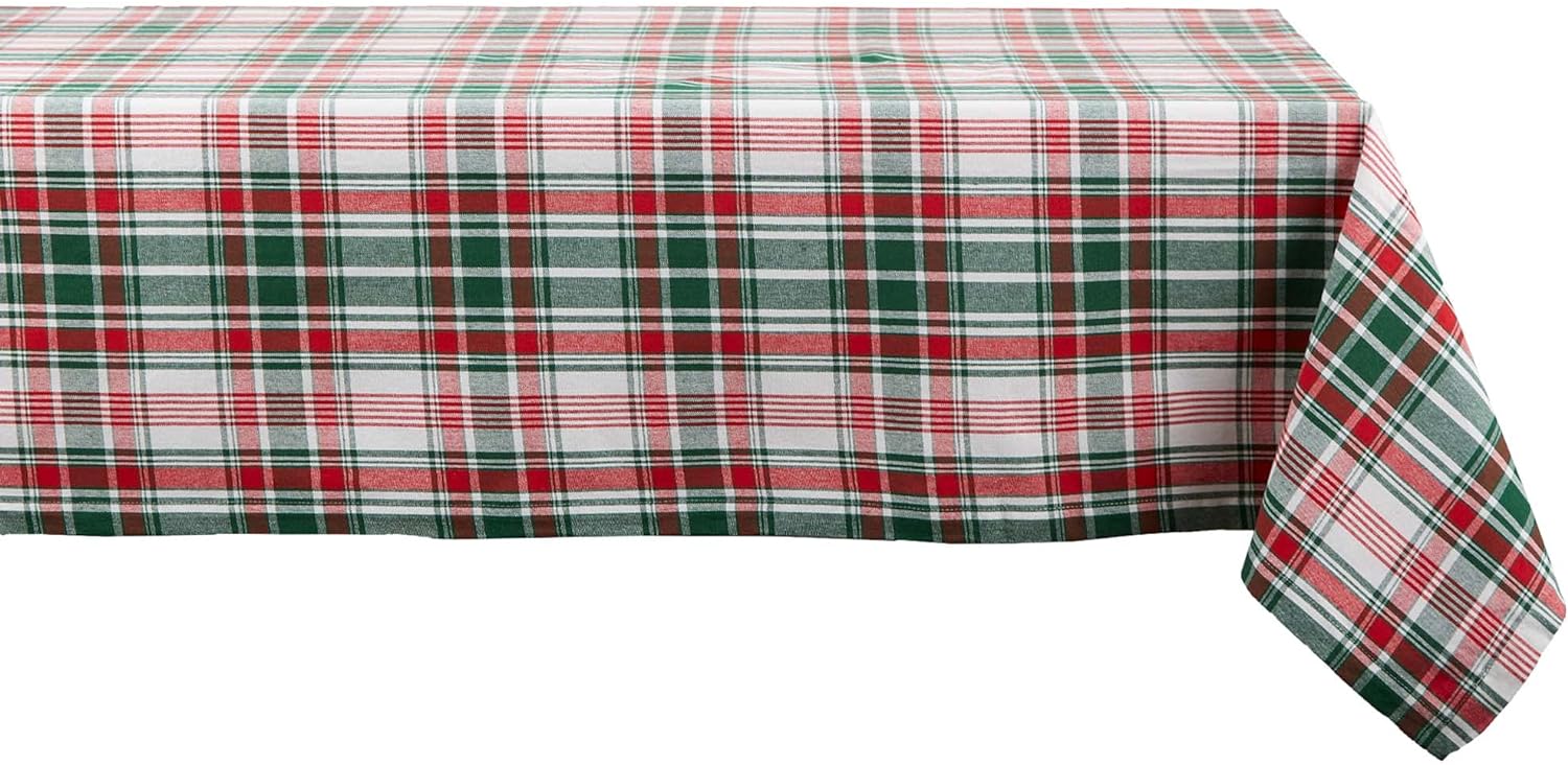 DII Yuletide Plaid Christmas Collection Holiday Dining Table Linen, Tablecloth, 60x84, Forest Green & Maroon