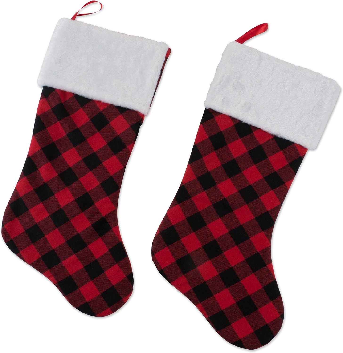 DII Decorative Christmas Family Stocking Set Holiday Dcor with Hanging Loop, 20x7, Farmhouse Buffalo Check, Red & Black, 2 Piece