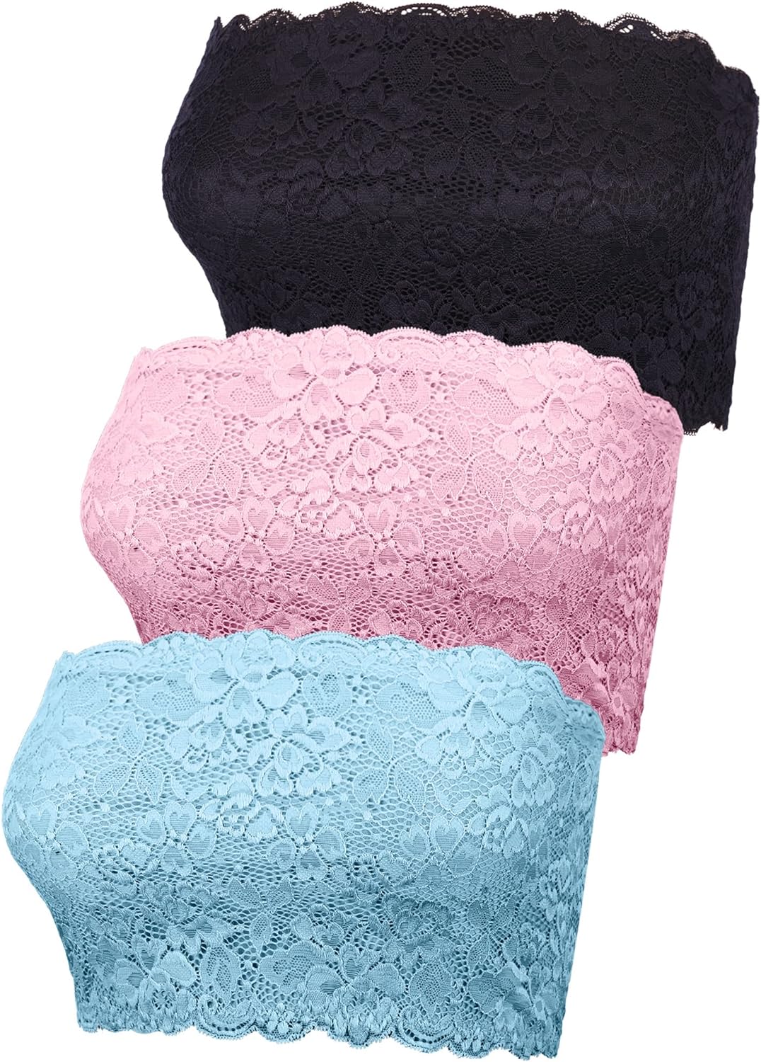 Boao 3 Pieces Women' Floral Lace Strapless Bras Tube Top Bandeau Seamless Stretchy Chest Wrap