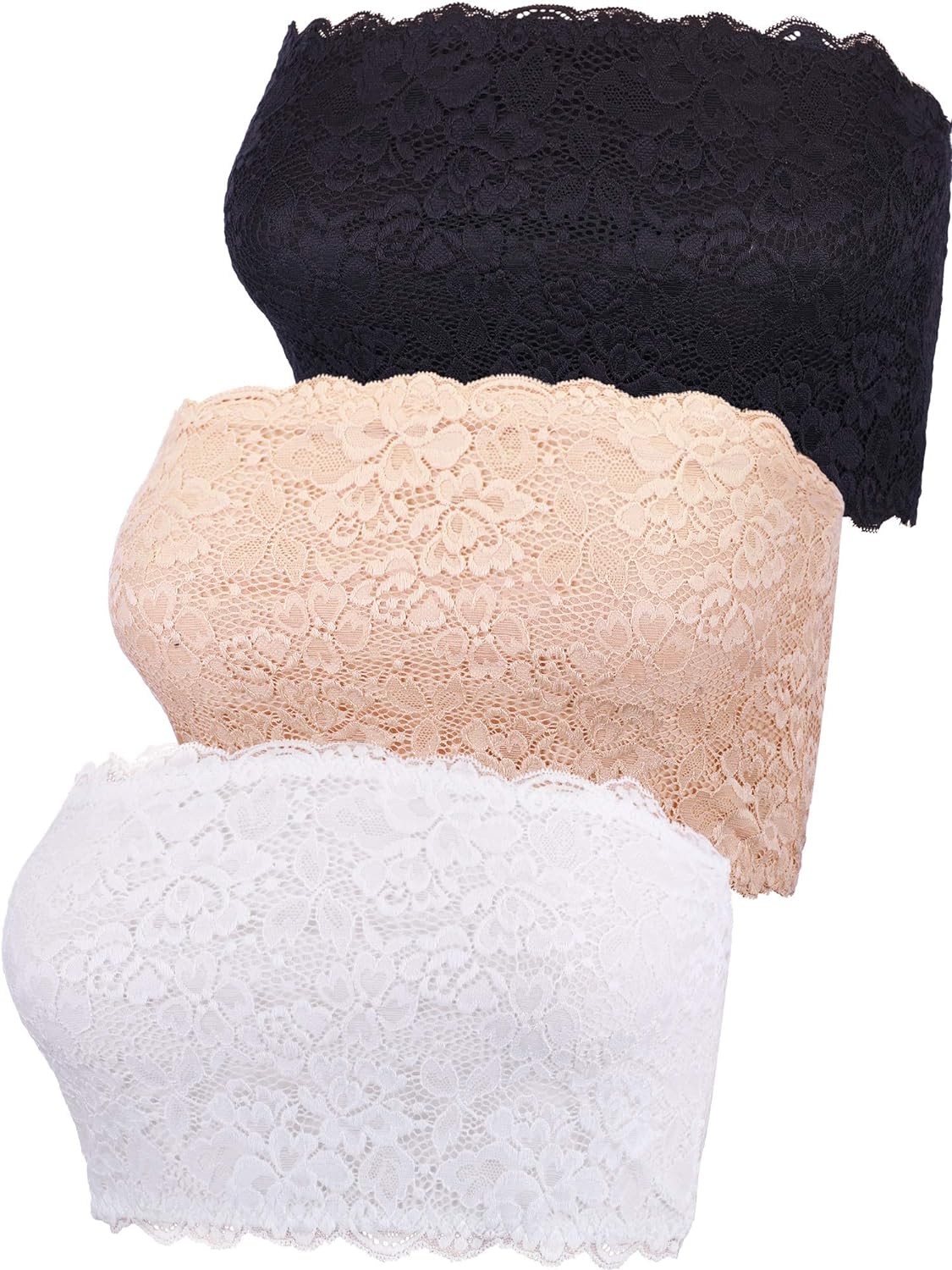 Boao 3 Pieces Women' Floral Lace Strapless Bras Tube Top Bandeau Seamless Stretchy Chest Wrap