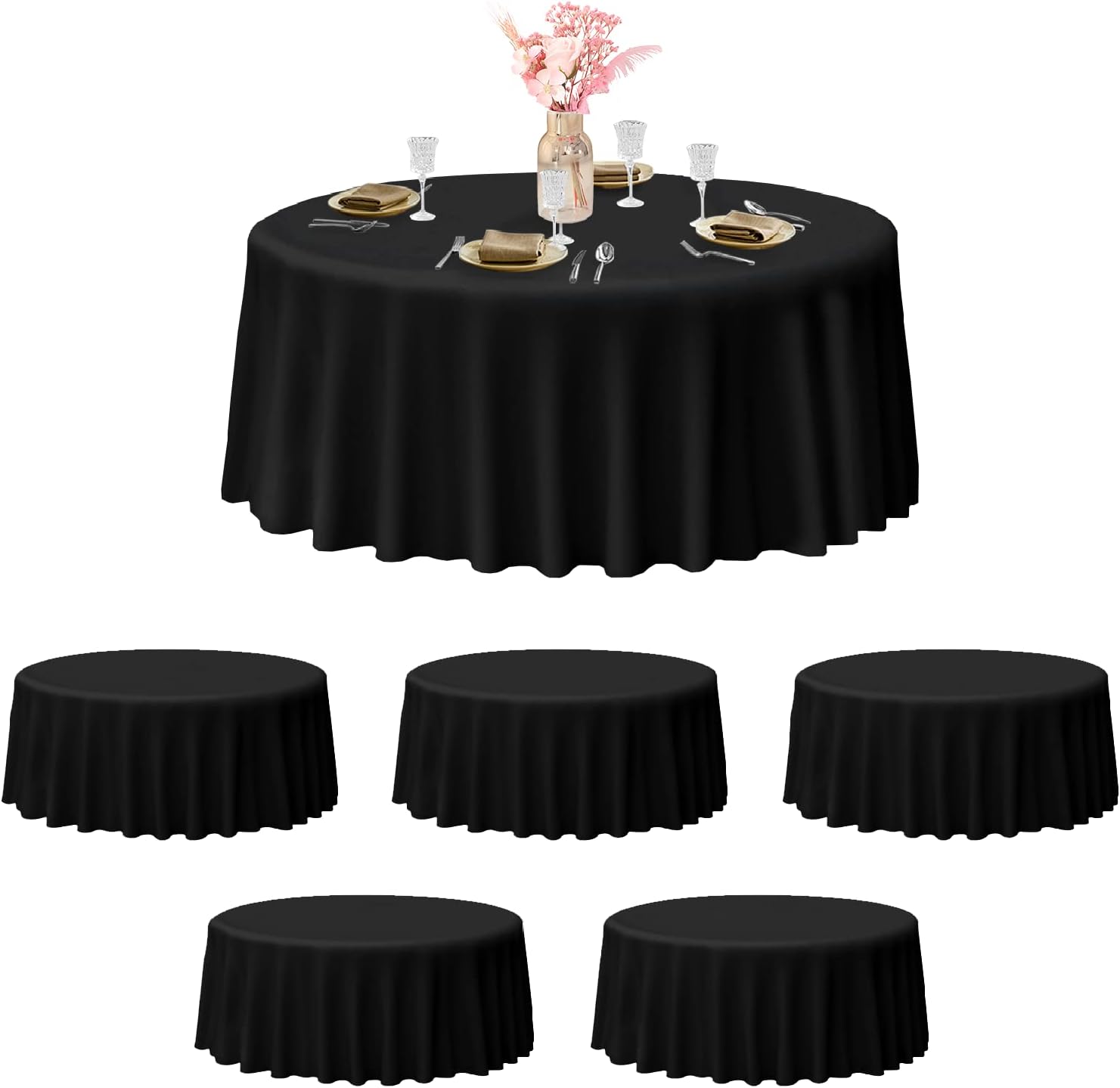 EMART Round Tablecloth 120 Inch Black (6 Pack) Circular 180GSM 100% Polyester Fabric Table Cover for Dinning, Kitchen, Picnic, Wedding and Birthday Party