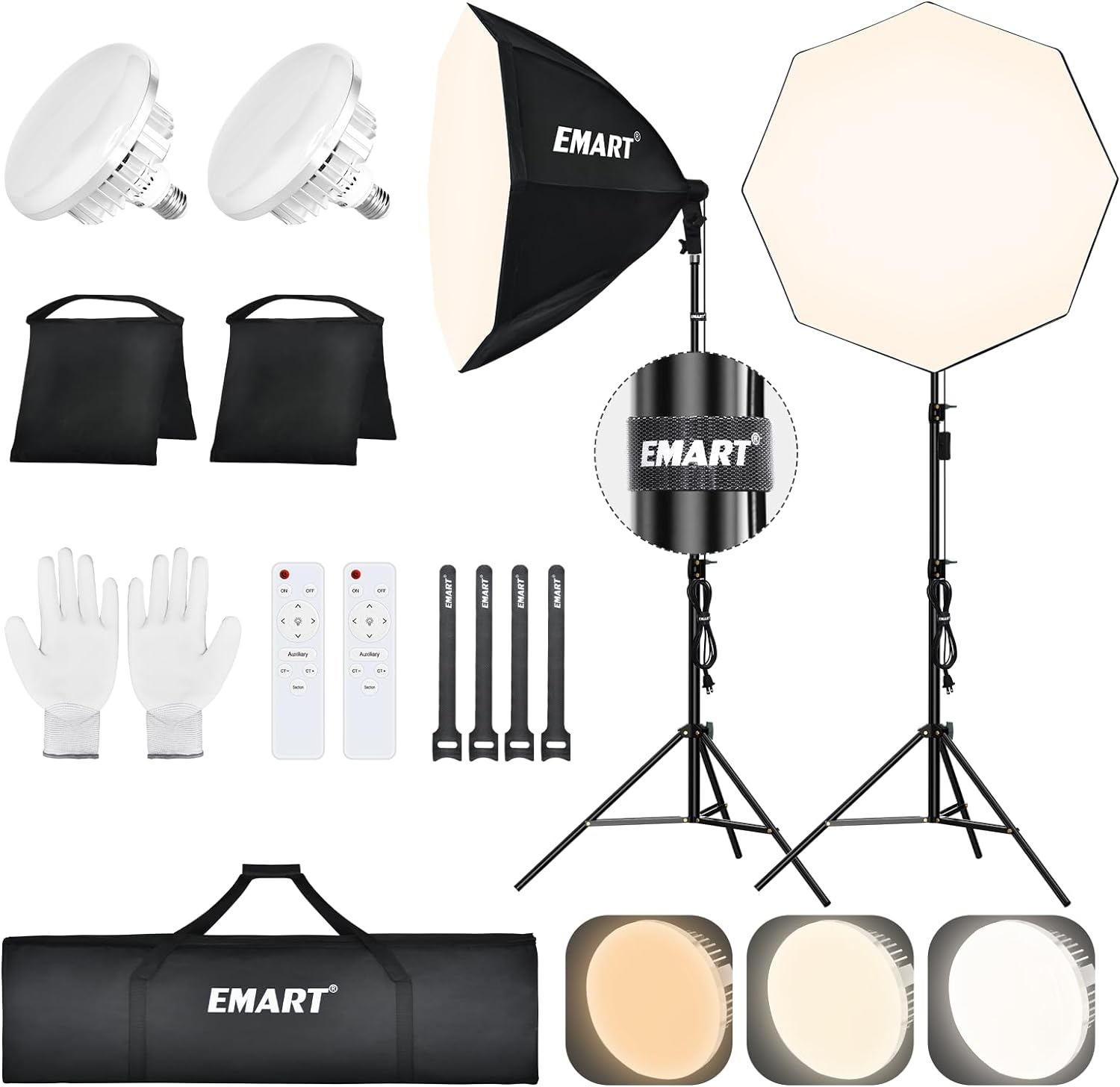 EMART Softbox Lighting Kit with Sandbag, 25.5 (65cm) Diameter Soft Box Lights Kit with 2x135W 3000-6500K Remote Controlled LED Bulb, Photography Lighting Kit for Studio Video Recording, Filming