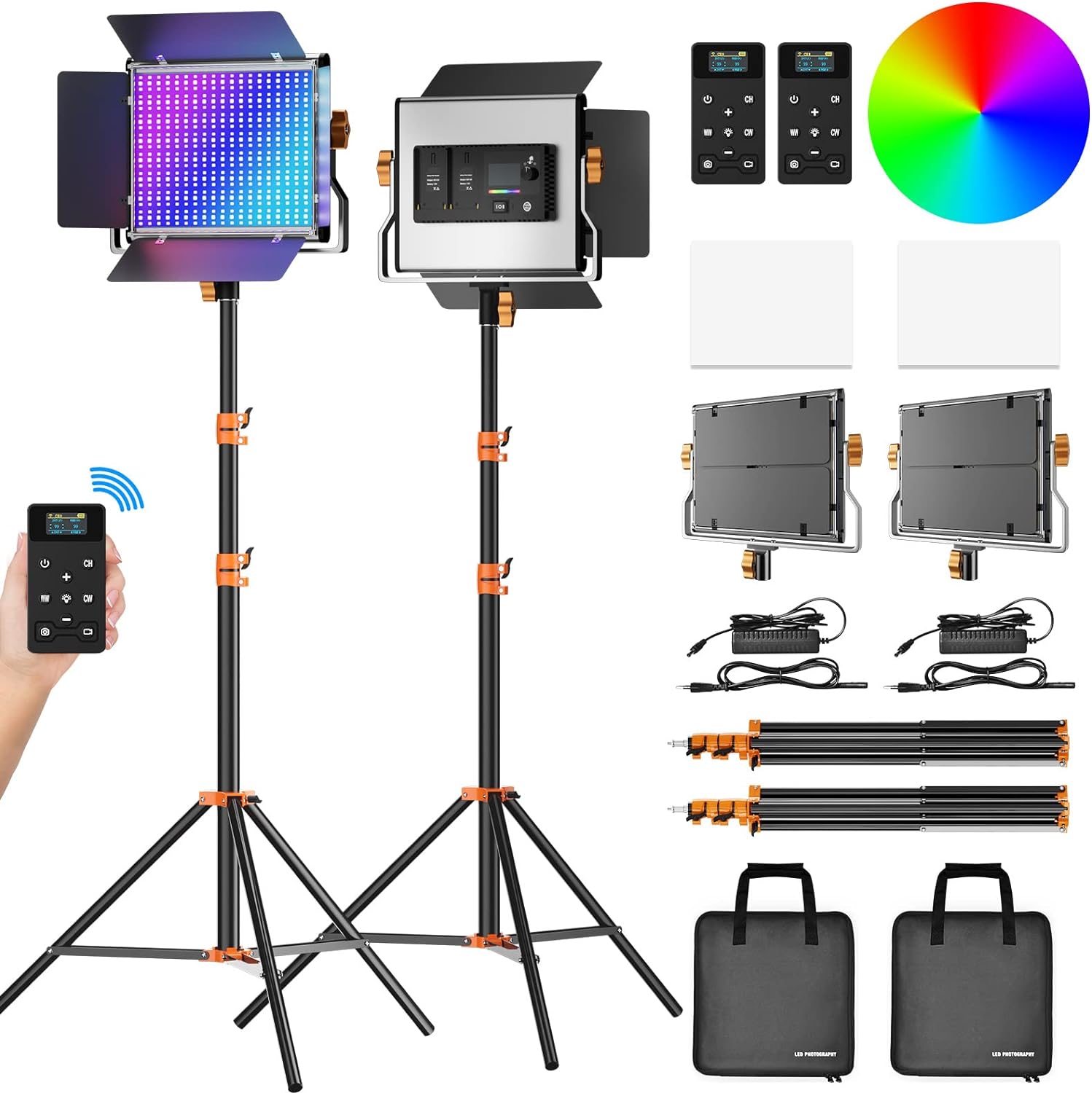 EMART 2 Packs 480 RGB LED Video Lighting Kit, 3 Modes/360 RGB/ 2500K-9000K/ 20 Scene Effects RGB LED Lighting Panel with 7FT Air Cushioned Light Stand Kit for Video Photography,Studio,YouTube,Gaming