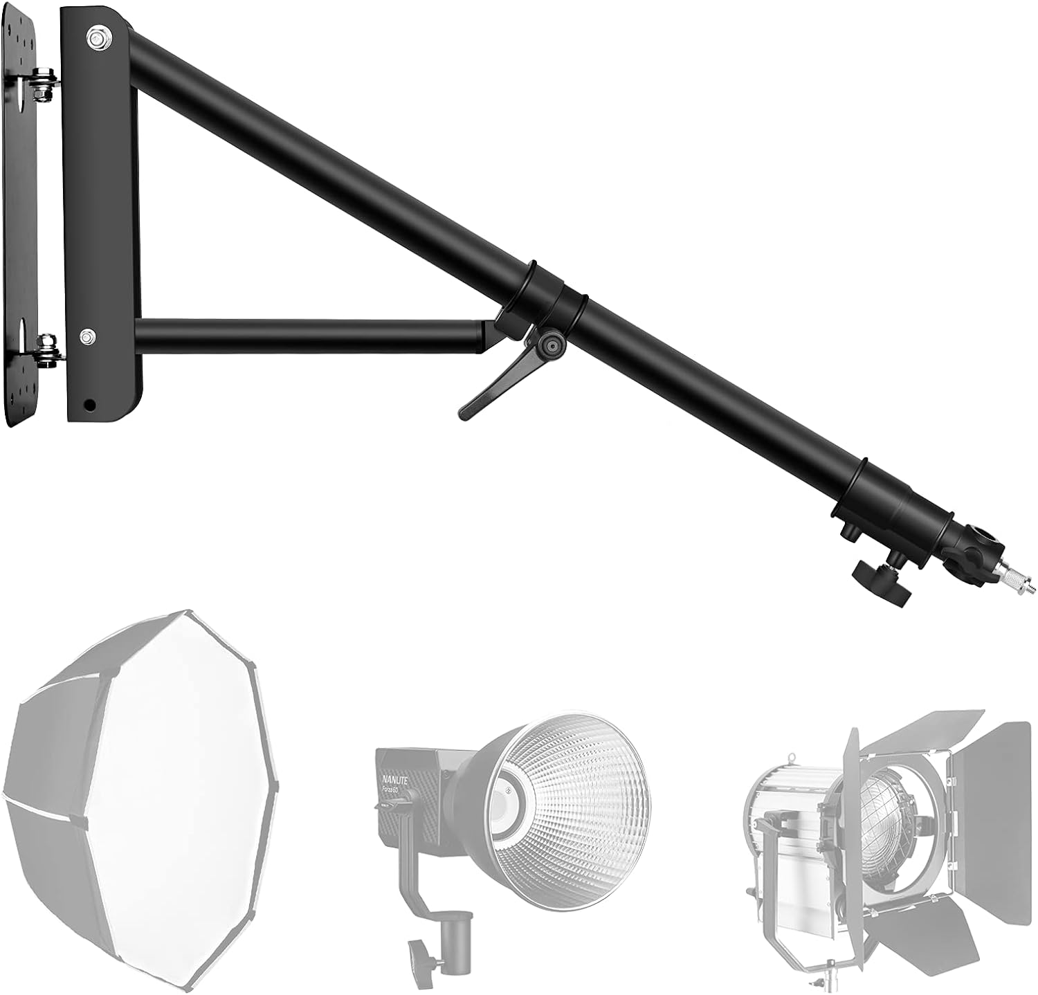 EMART Wall Mounting Triangle Boom Arm for Photography Ring Light Strobe Lighting Softbox Reflector Umbrella Monolight, Max Length 51.2 inches/130cm, Support 180 Degree Rotation (Black)