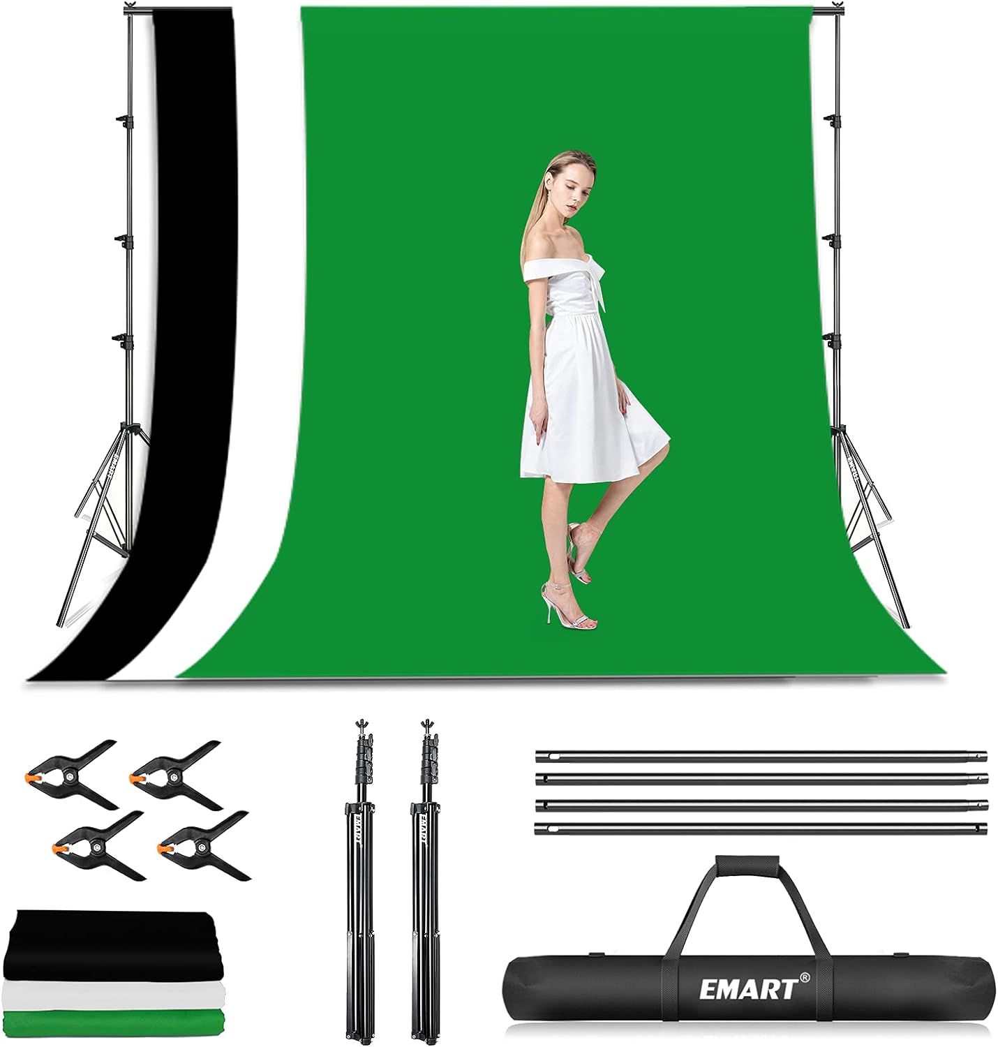 EMART Photo Video Studio Backdrop Stand Kit, 8.5x10ft Adjustable Photography Green Screen Support System with 3 Polyester Backgrounds for Photoshoot (Black White Green)