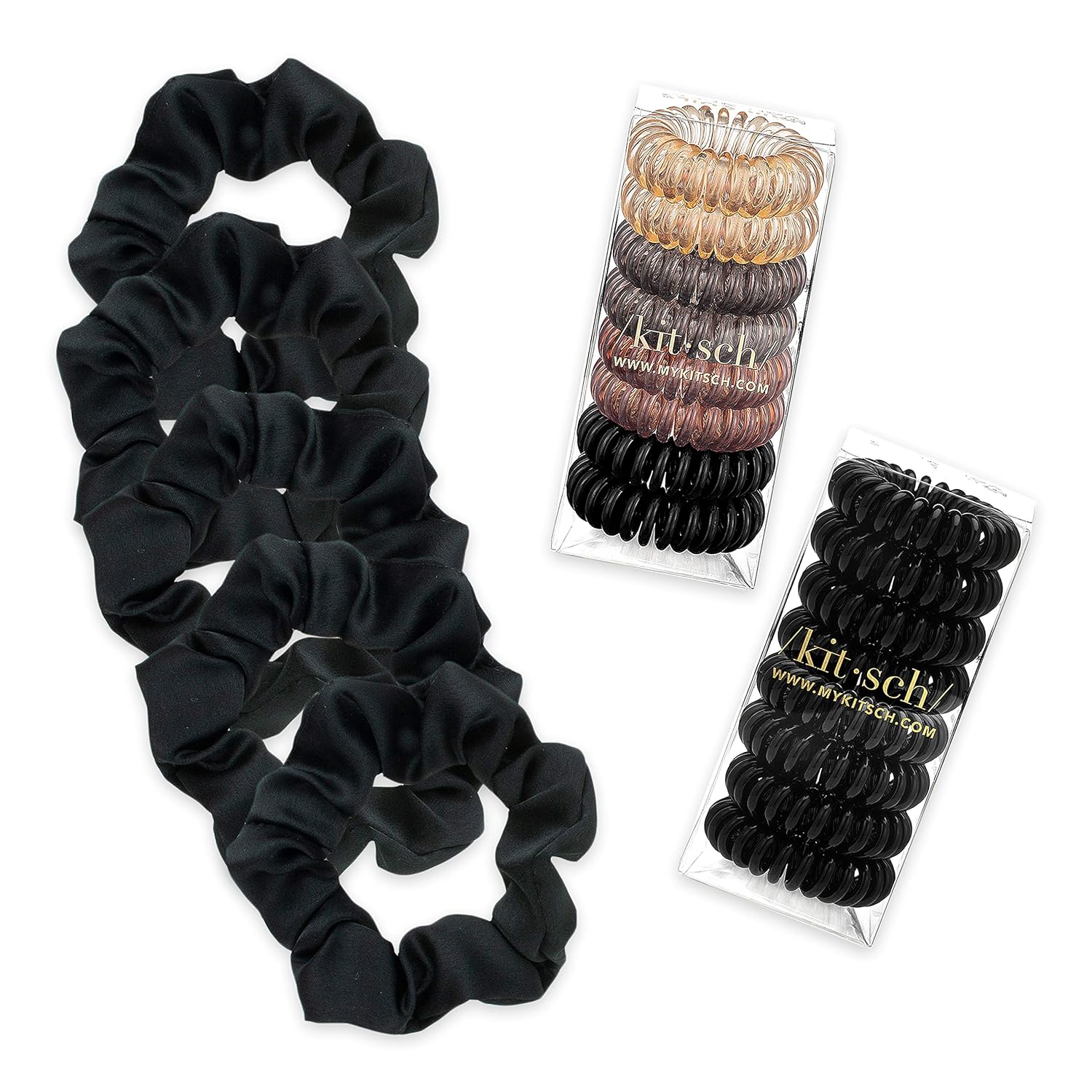 Kitsch Satin Hair Scrunchies, Black Spiral Hair Ties and Brunette Spiral Hair Ties with Discount