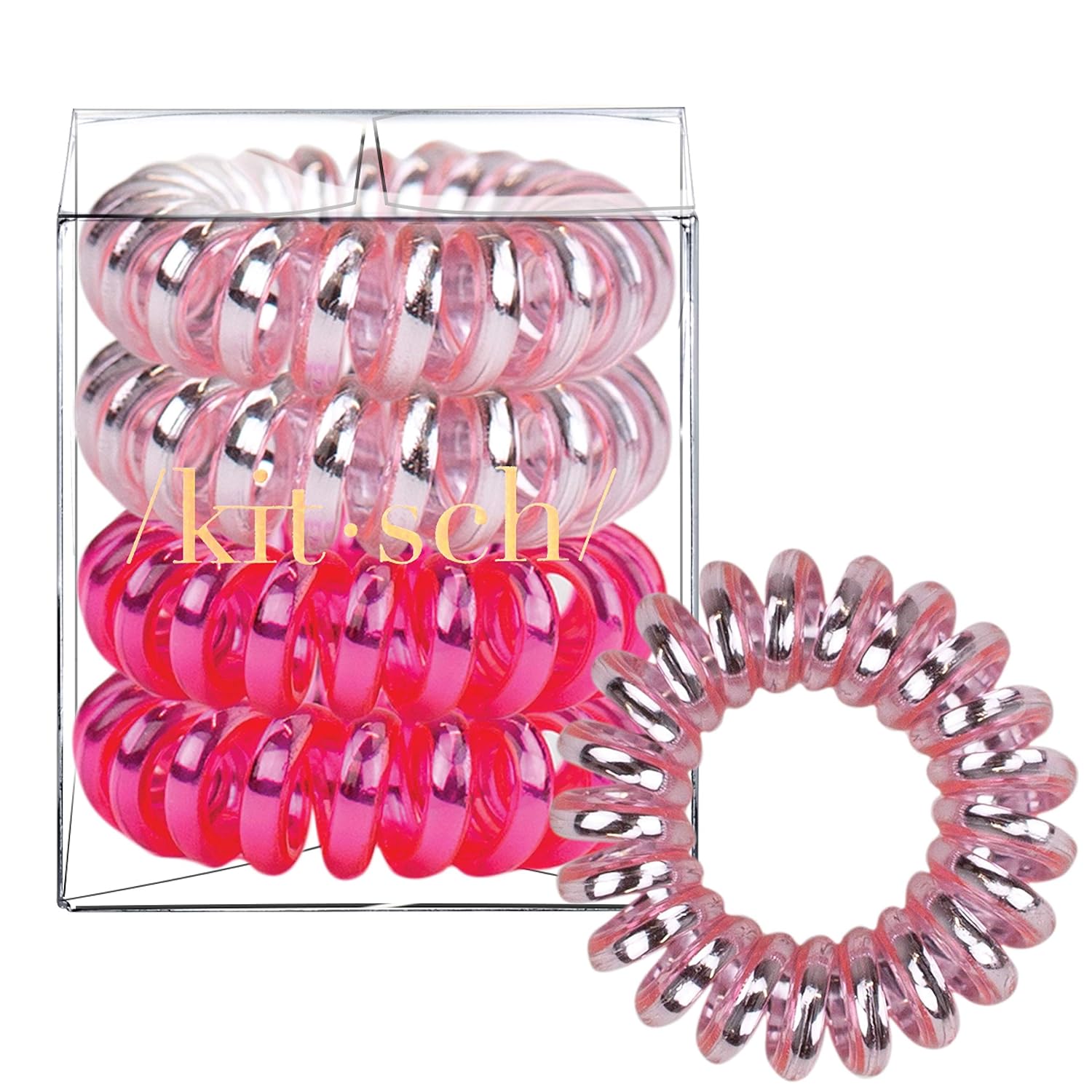 Kitsch Spiral Hair Ties for Women - Waterproof Ponytail Holders for Teens | Stylish Phone Cord Hair Ties & Hair Coils for Girls | Coil Hair Ties for Thick Hair & Thin Hair, 4 Pcs (Metallic Pink Crush)