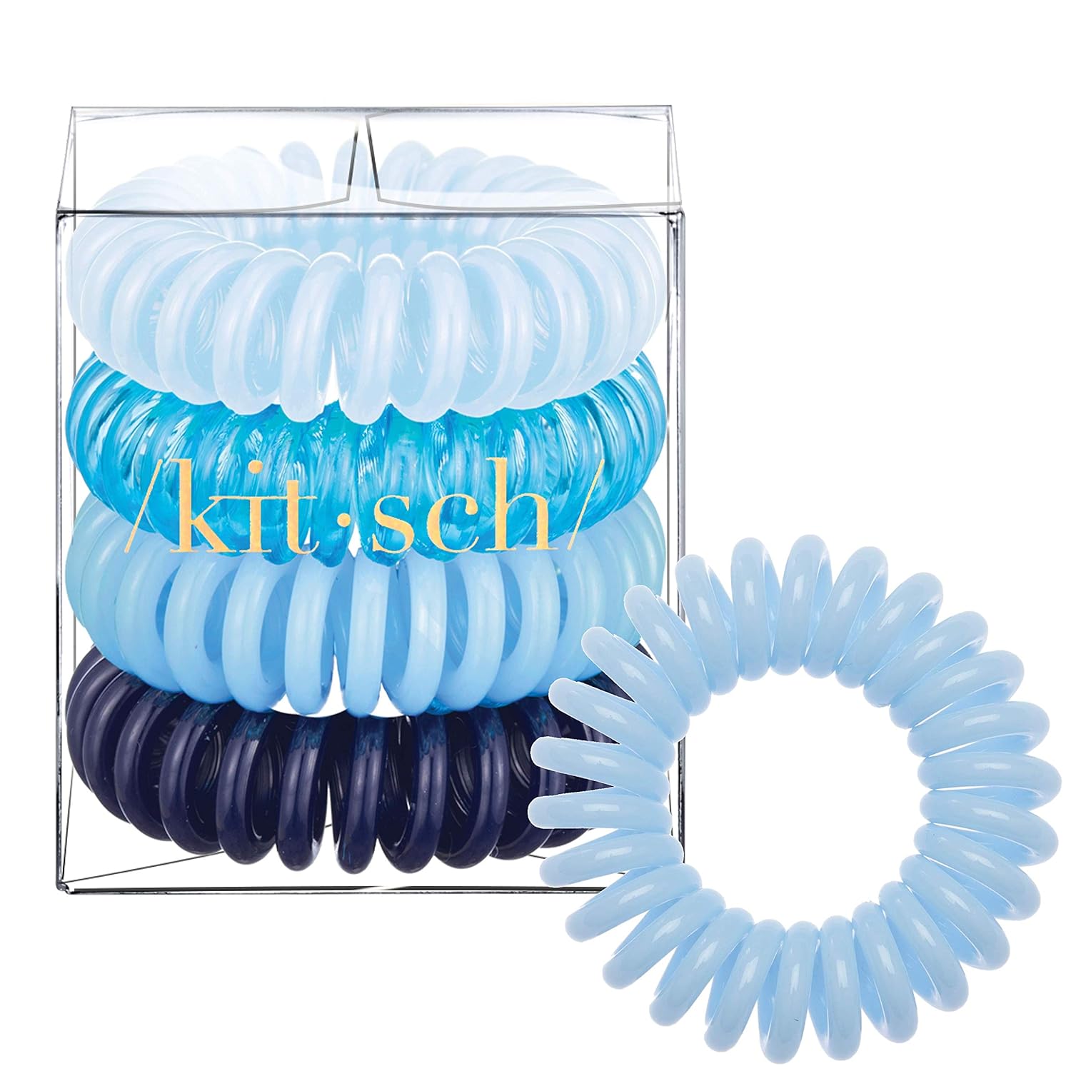 Kitsch Spiral Hair Ties for Women - Waterproof Ponytail Holders for Teens | Stylish Phone Cord Hair Ties & Hair Coils for Girls | Coil Hair Ties for Thick Hair & Thin Hair, 4 Pcs (Denim)