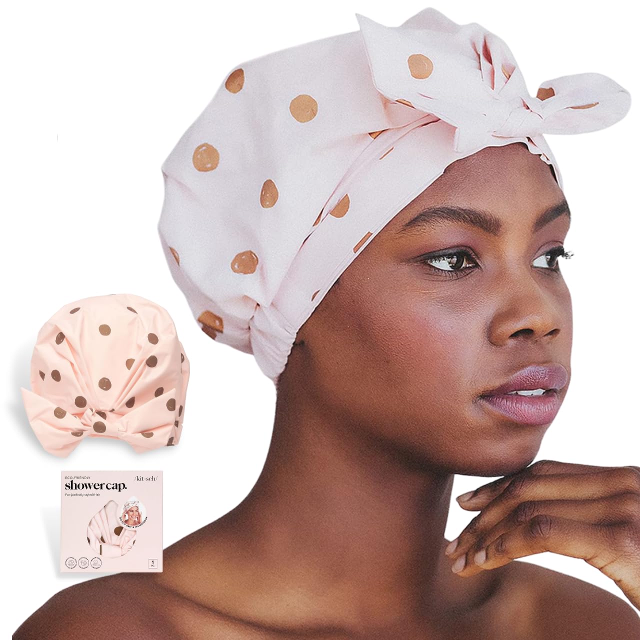 Kitsch Luxury Shower Cap for Women Waterproof - Reusable Shower Cap | Hair Cap for Shower | Waterproof Hair Shower Caps for Long Hair | Non-Slip Cute Shower Cap One Size | Shower Bonnet - Blush Dot