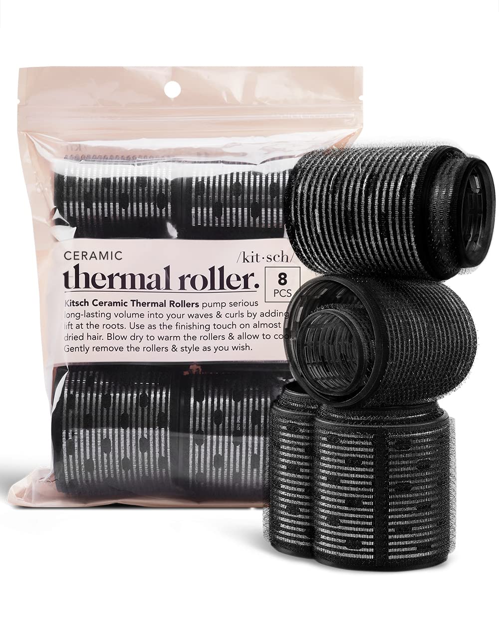 Kitsch Ceramic Thermal Hair Rollers for Short Hair - Velcro Rollers | Rollers Hair Curlers for Long Hair | Velcro Hair Roller for Medium Hair | Self-Grip Hair Rollers | Velcro Curlers - 8pcs Black